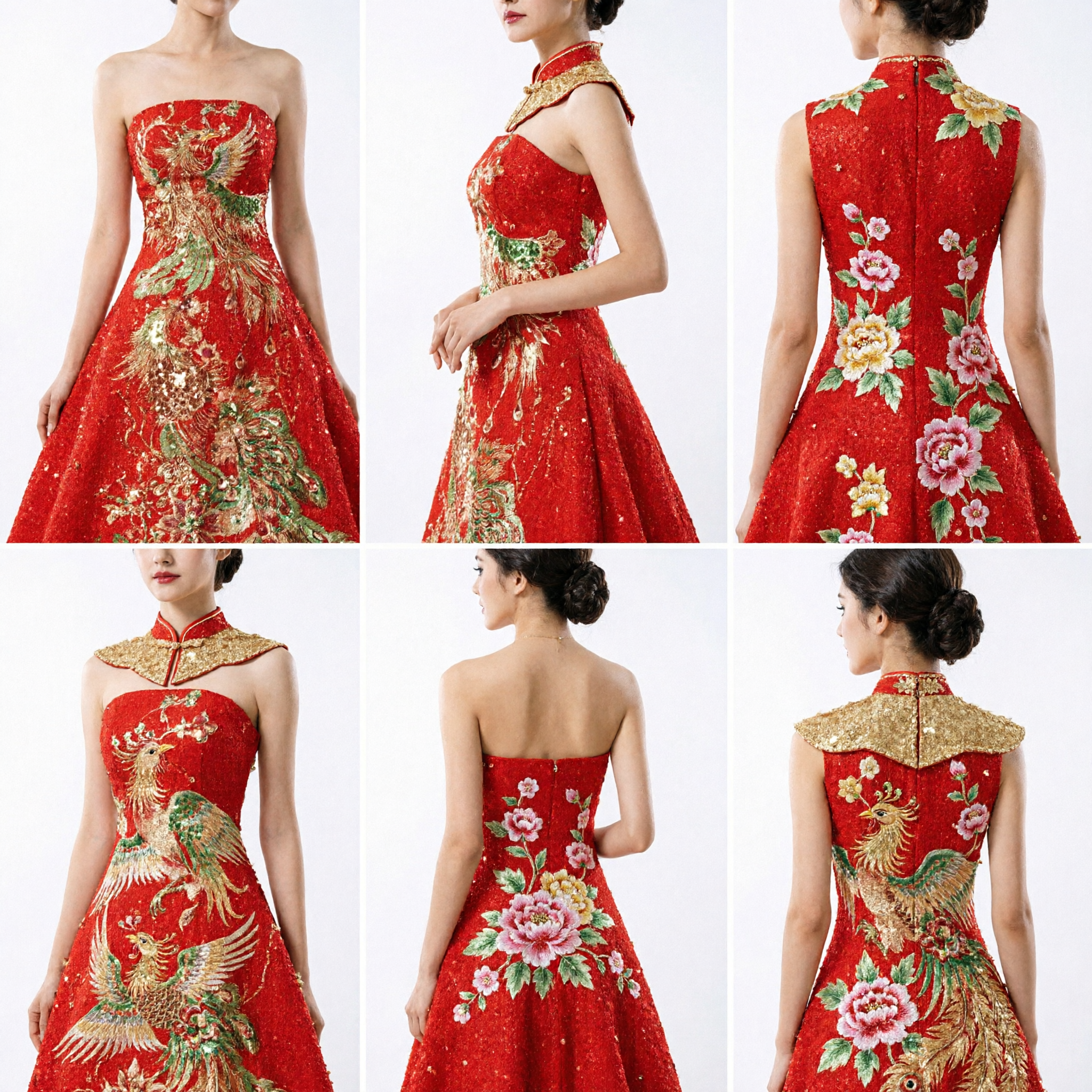Elegant Red Chinese Traditional Wedding Dress for Bride with Gold Phoenix and Peacock Embroidery for Banquet