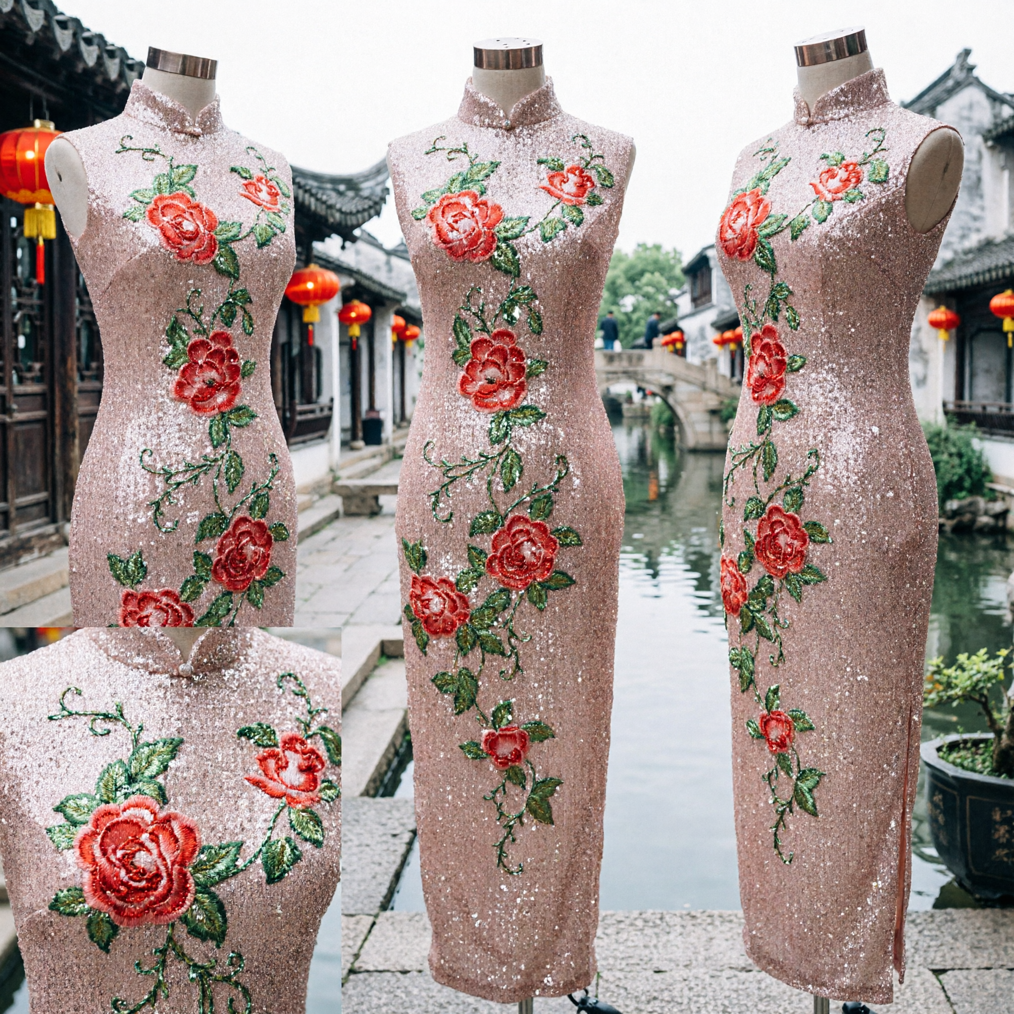 Sparkling Pink Sequin Qipao Dress with Red Peony Embroidery Long Formal Evening Gown for Women