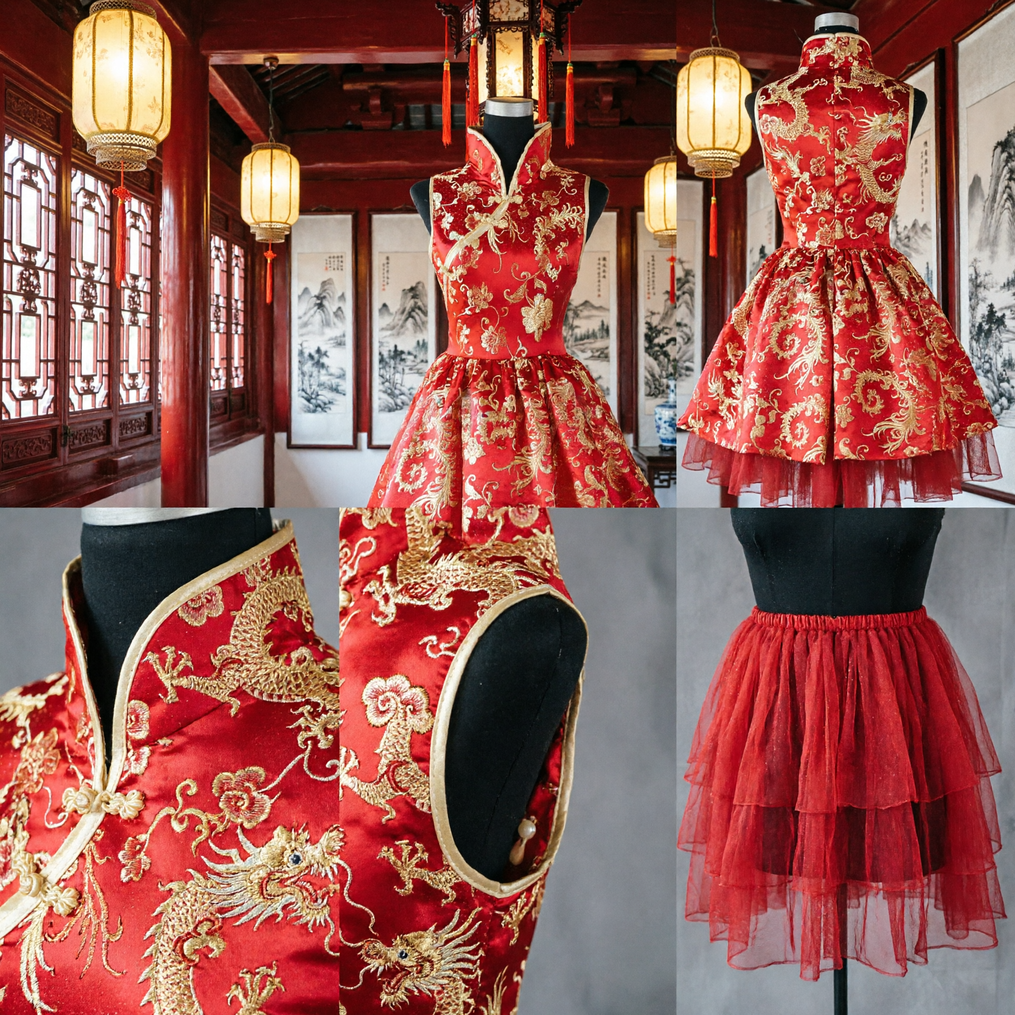 Women's Red Chinese Wedding Dress Sleeveless Dragon Phoenix Embroidery Cheongsam for Banquet Party