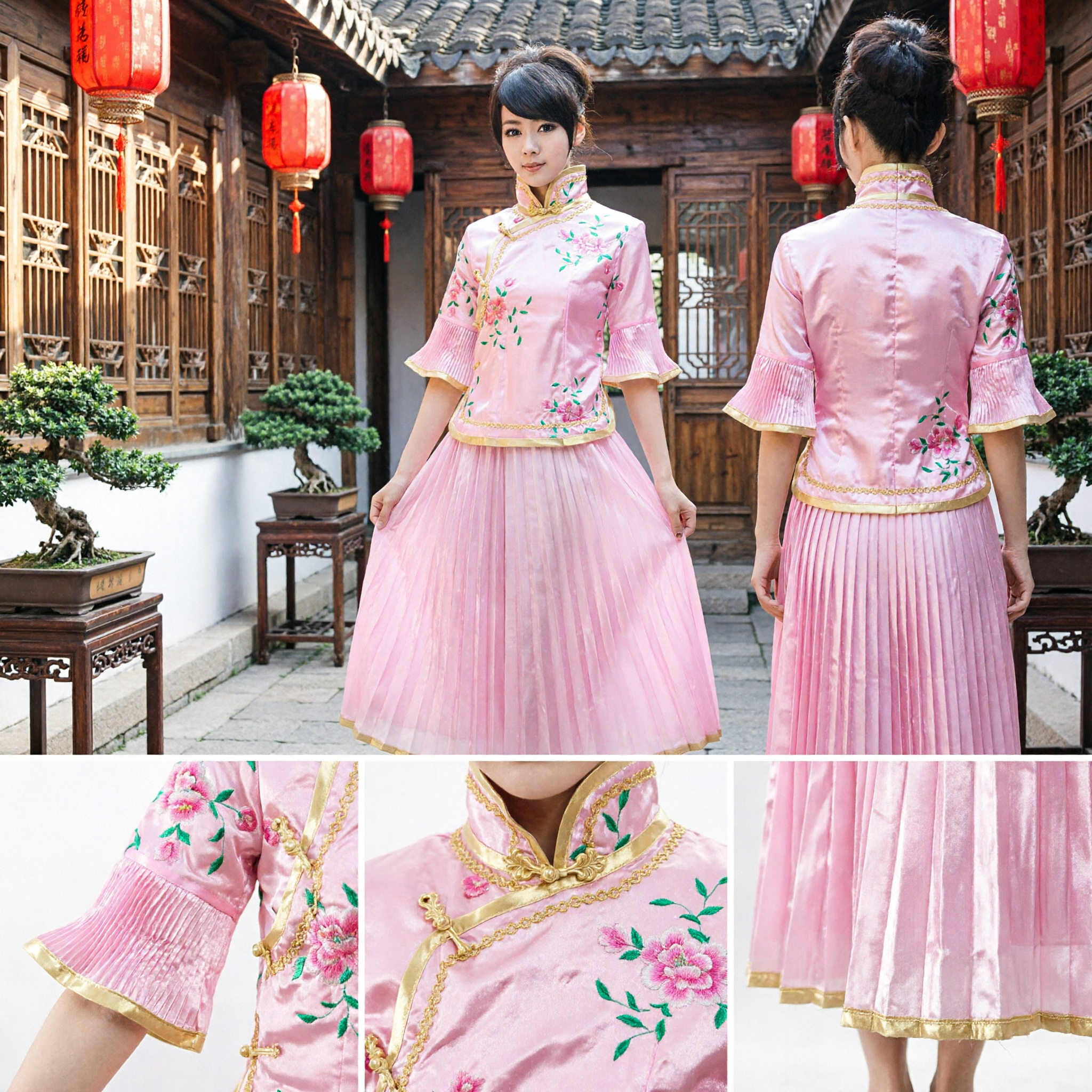Women's Pink Floral Embroidered Tang Suit Top and Pleated Skirt Set Traditional Chinese Dance Performance Outfit