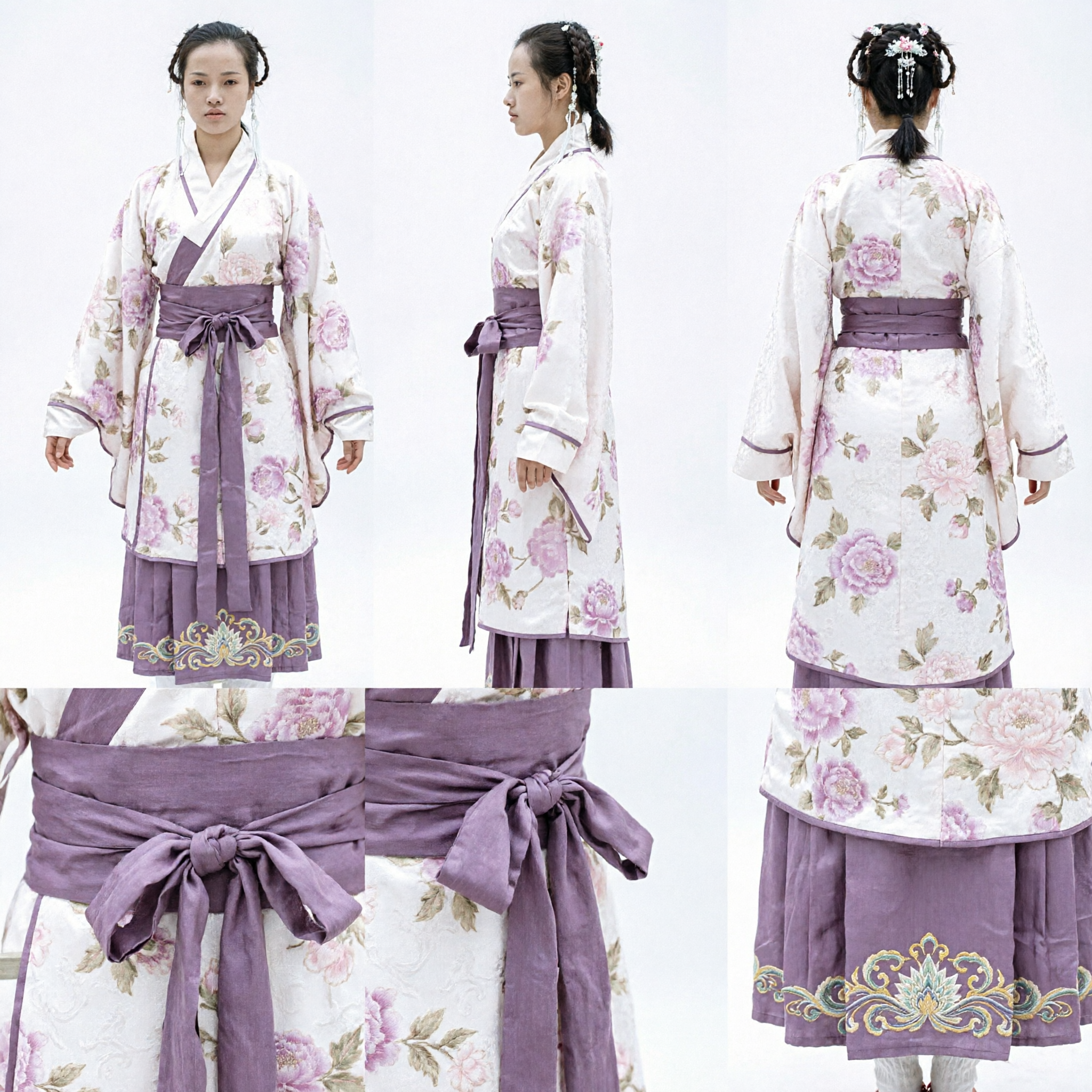 Women's Traditional Chinese Hanfu Martial Arts Uniform White Floral Sword Dance Costume with Purple Sash