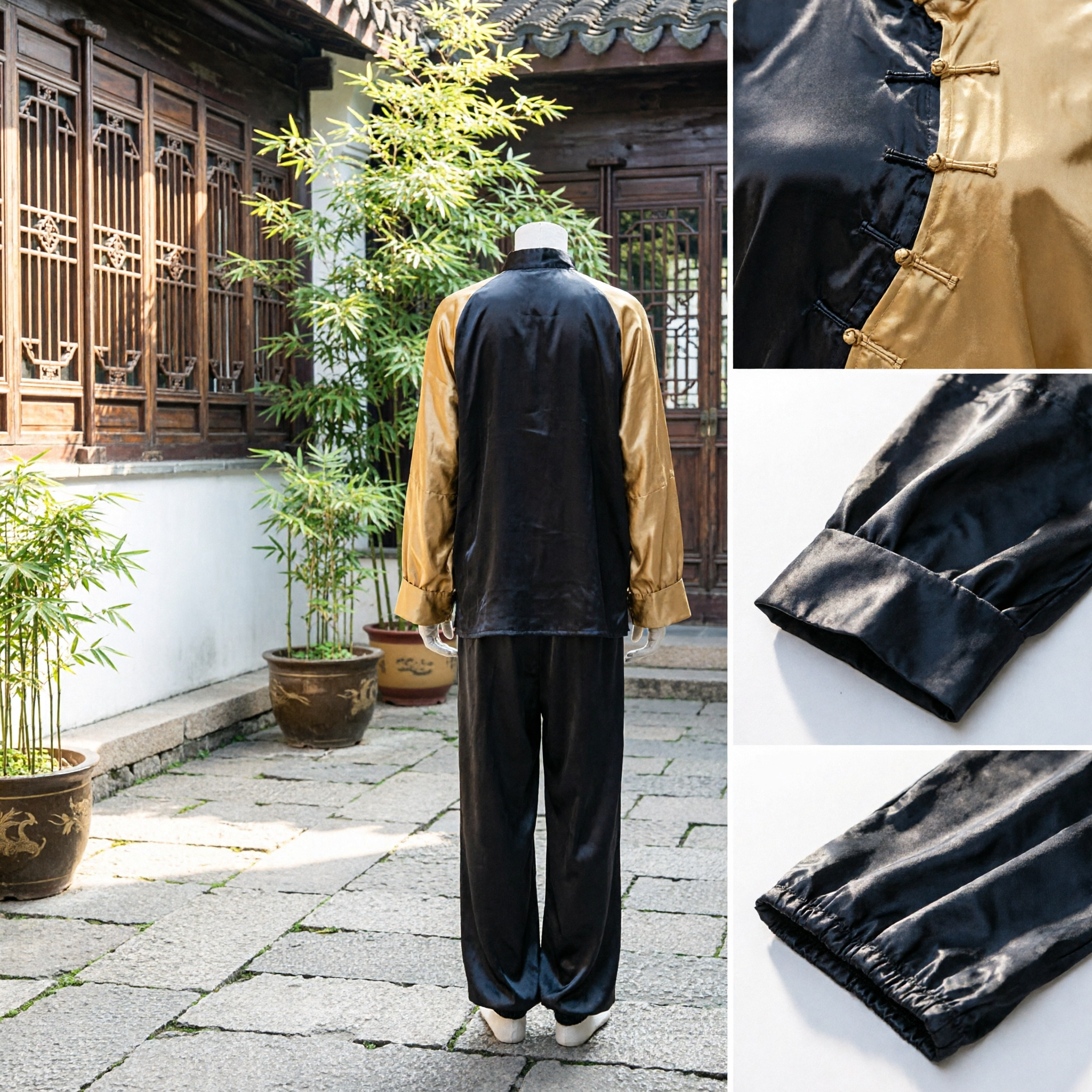 Men's Traditional Chinese Kung Fu Uniform Black and Gold Silk Tai Chi Martial Arts Suit