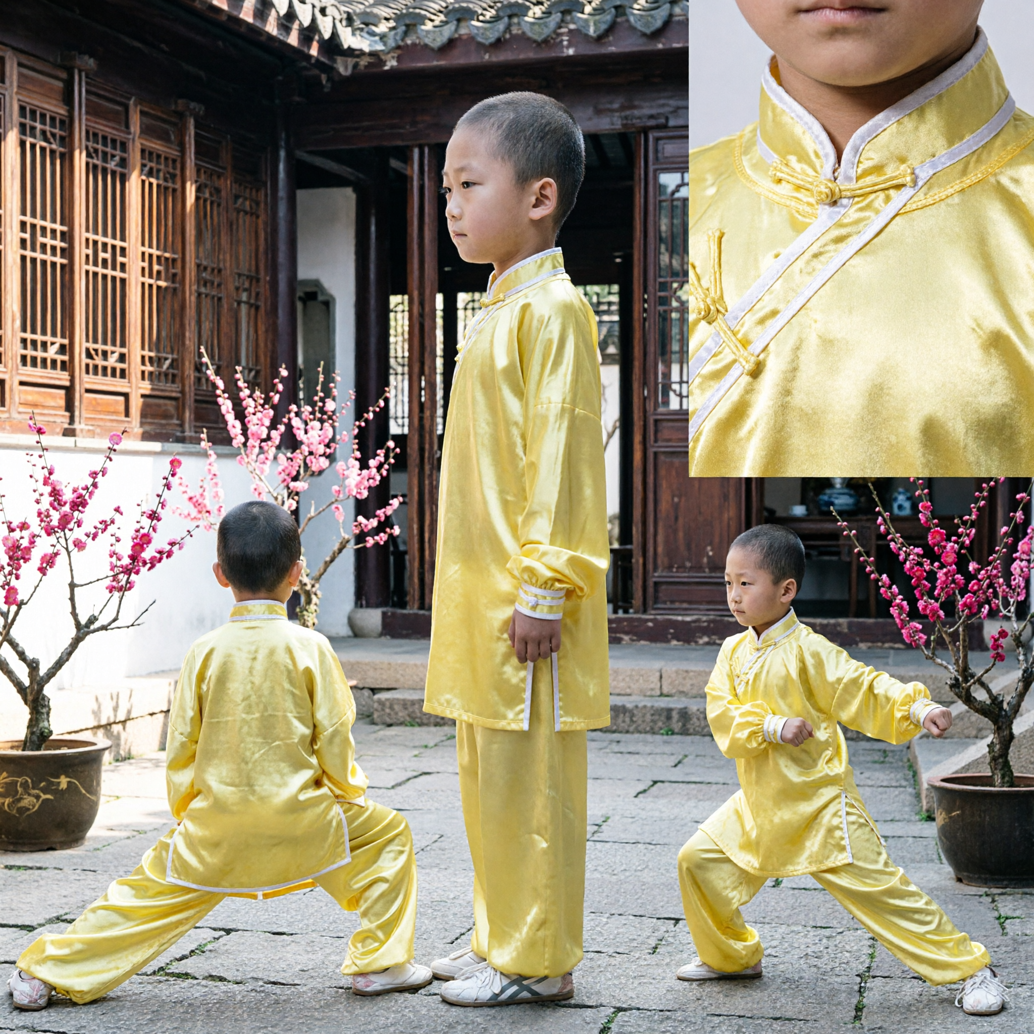 Yellow Satin Kids Martial Arts Uniform Traditional Kung Fu Wushu Tai Chi Costume for Boys Practice