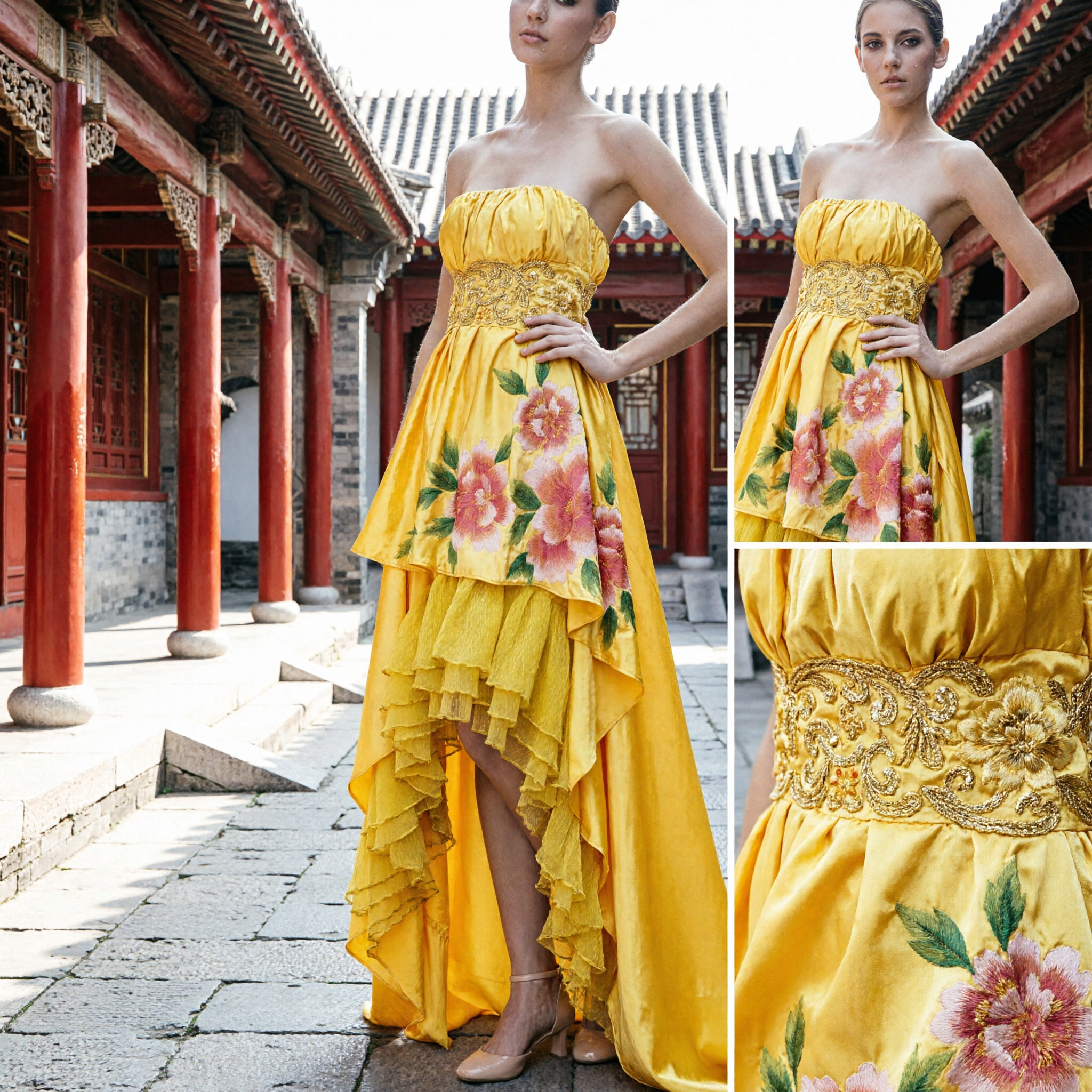 Elegant Yellow Silk Cheongsam Qipao Dress for Women with Embroidery Mandarin Collar Traditional Chinese Party Wear
