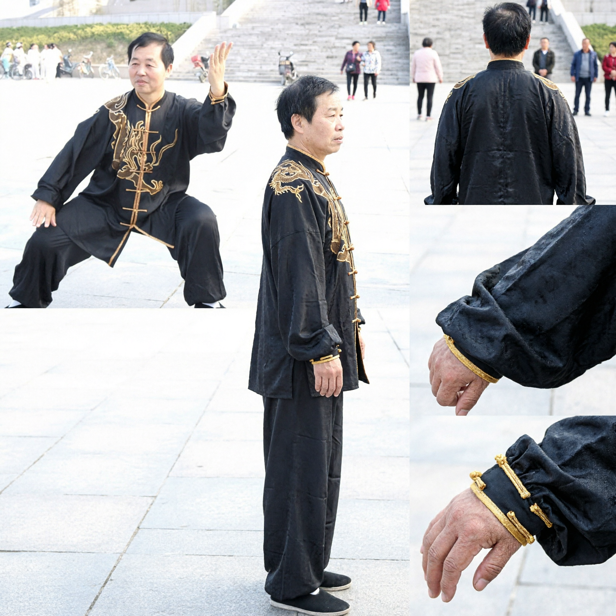 Men's Black Traditional Chinese Kung Fu Uniform with Gold Dragon Embroidery Tai Chi Tang Suit for Martial Arts