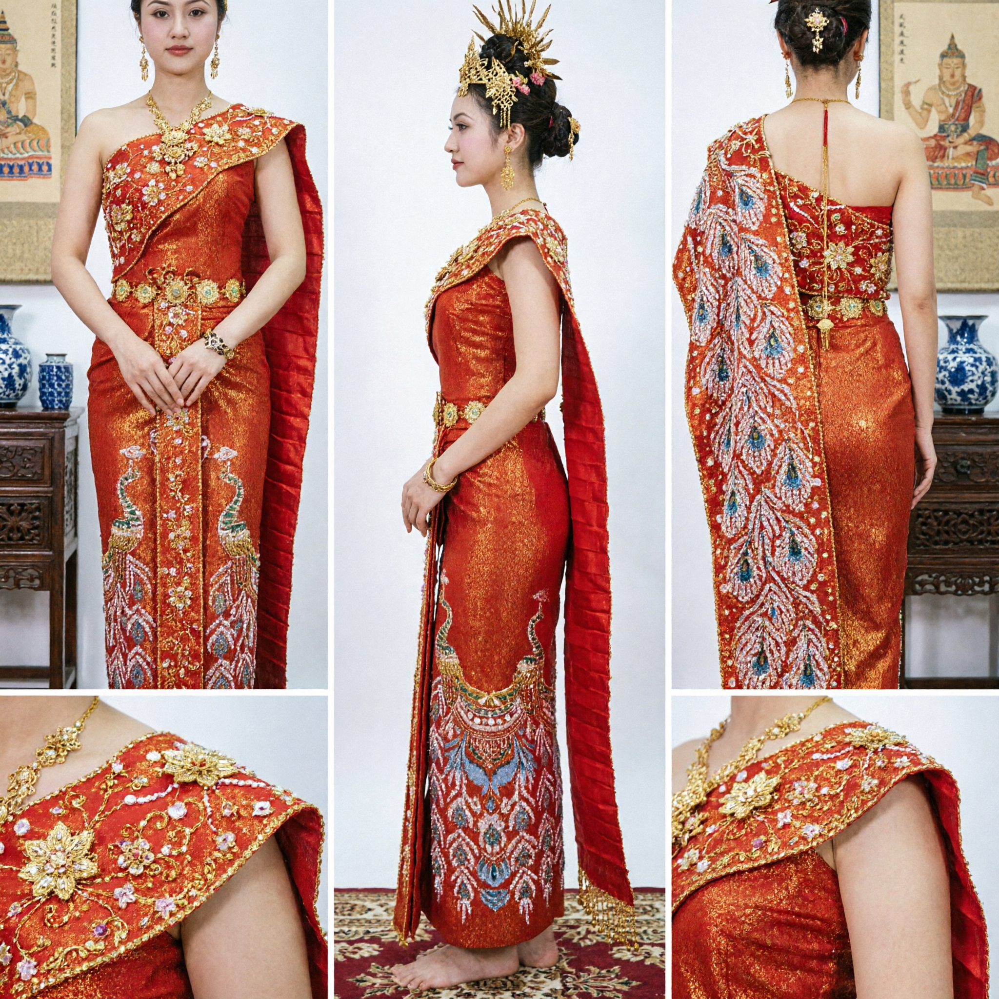 Traditional Dai Ethnic Peacock Dance Costume Red Embroidered One-Shoulder Dress and Headdress Set for Women Stage Performance