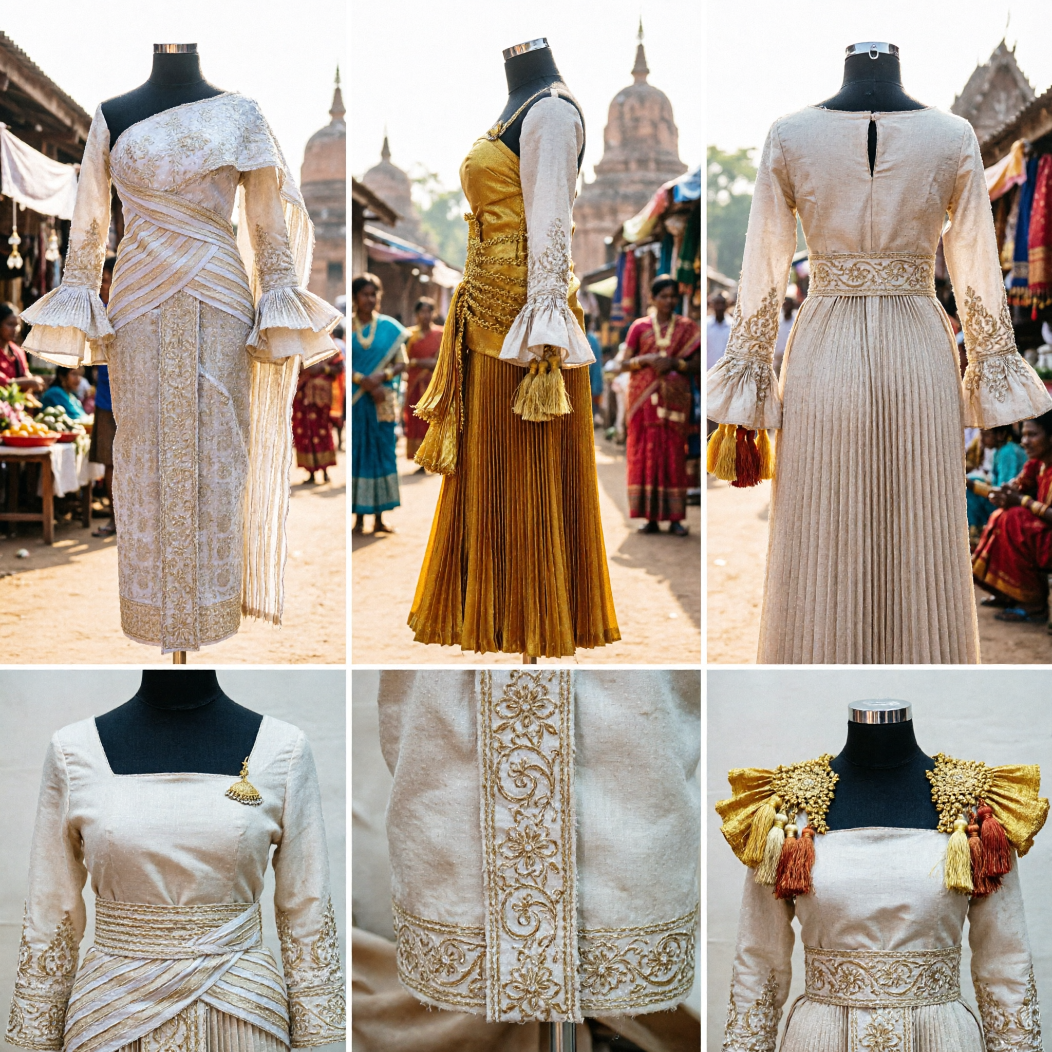 Elegant Thai Traditional Dance Costume Set Gold and Cream Gowns with Ruffled Collars for Cultural Performance