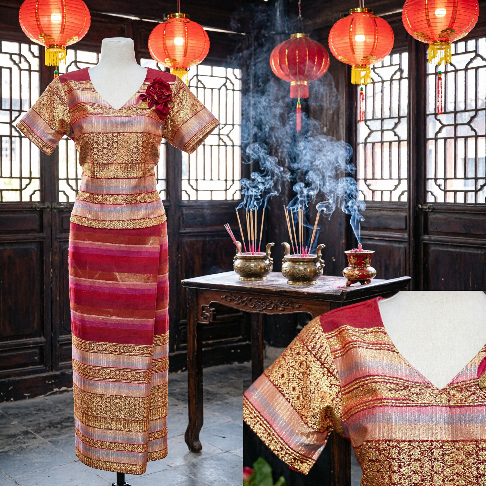 Traditional Asian Thai Style Silk Dress Red Gold Pattern Short Sleeve Sarong Set for Women Wedding Dance