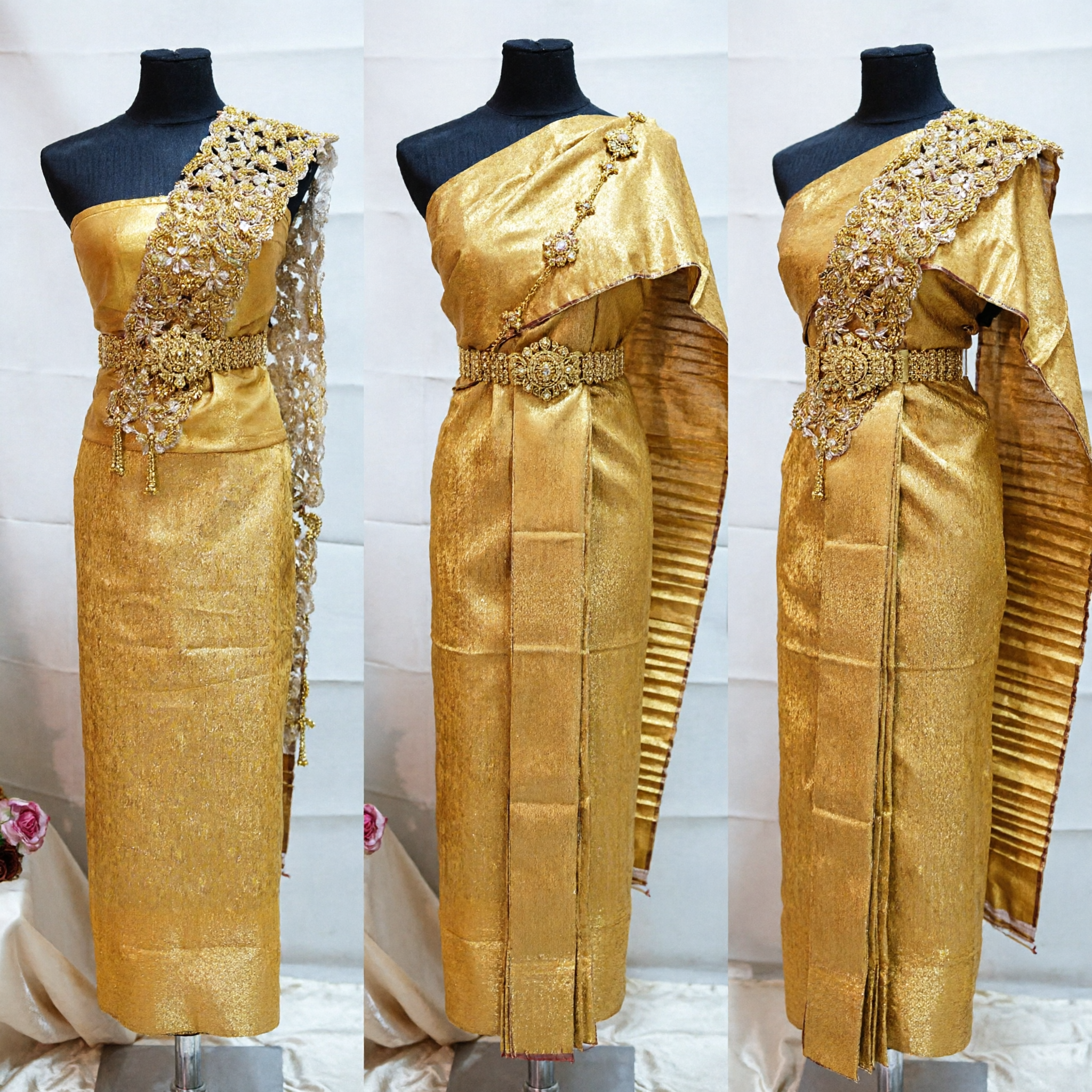 Women's Thai Traditional Dress Golden Yellow One Shoulder Sabai Costume with Sequin Embroidery for Dance