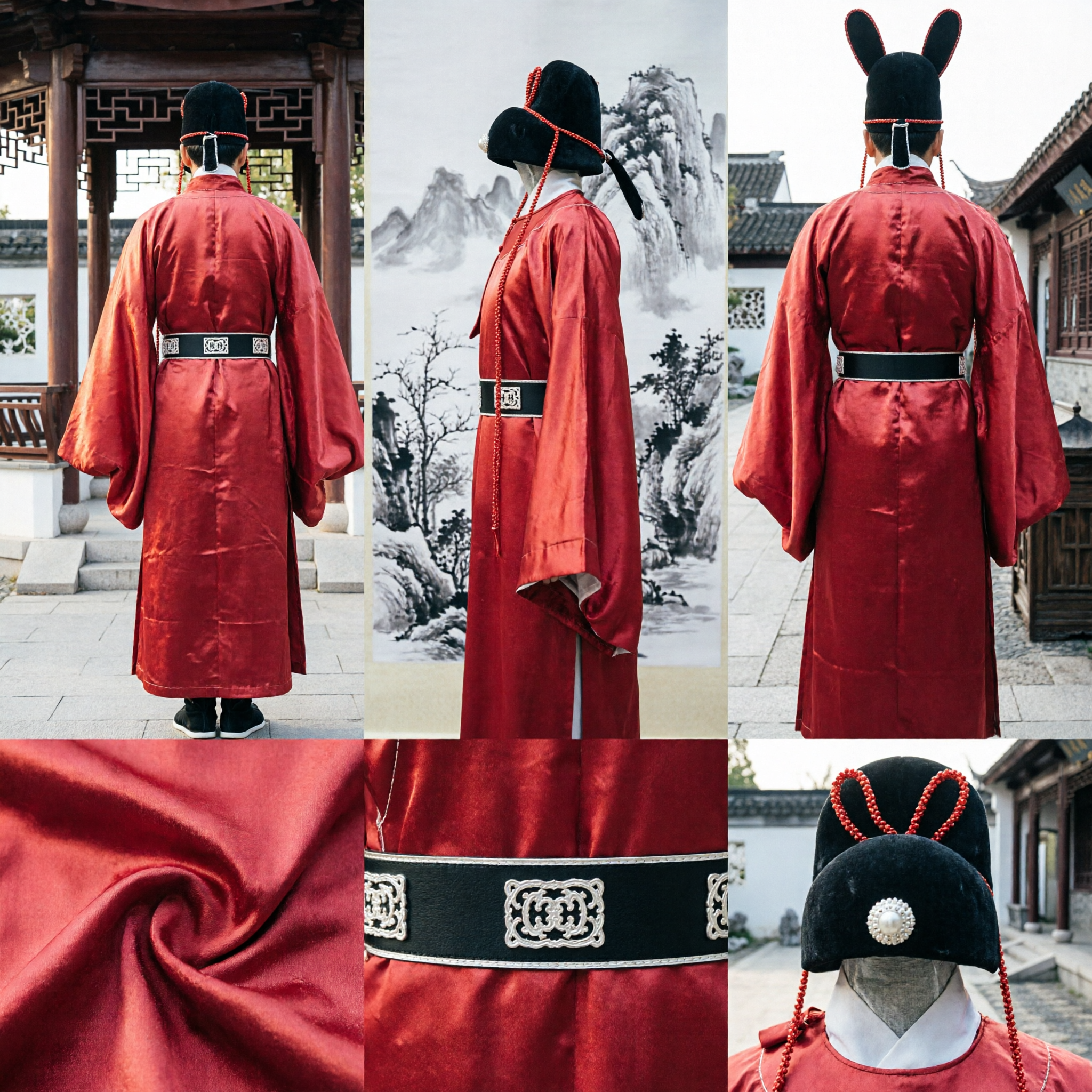 Traditional Chinese Ancient Official Red Robe Hanfu Costume Set with Hat for Men Cosplay