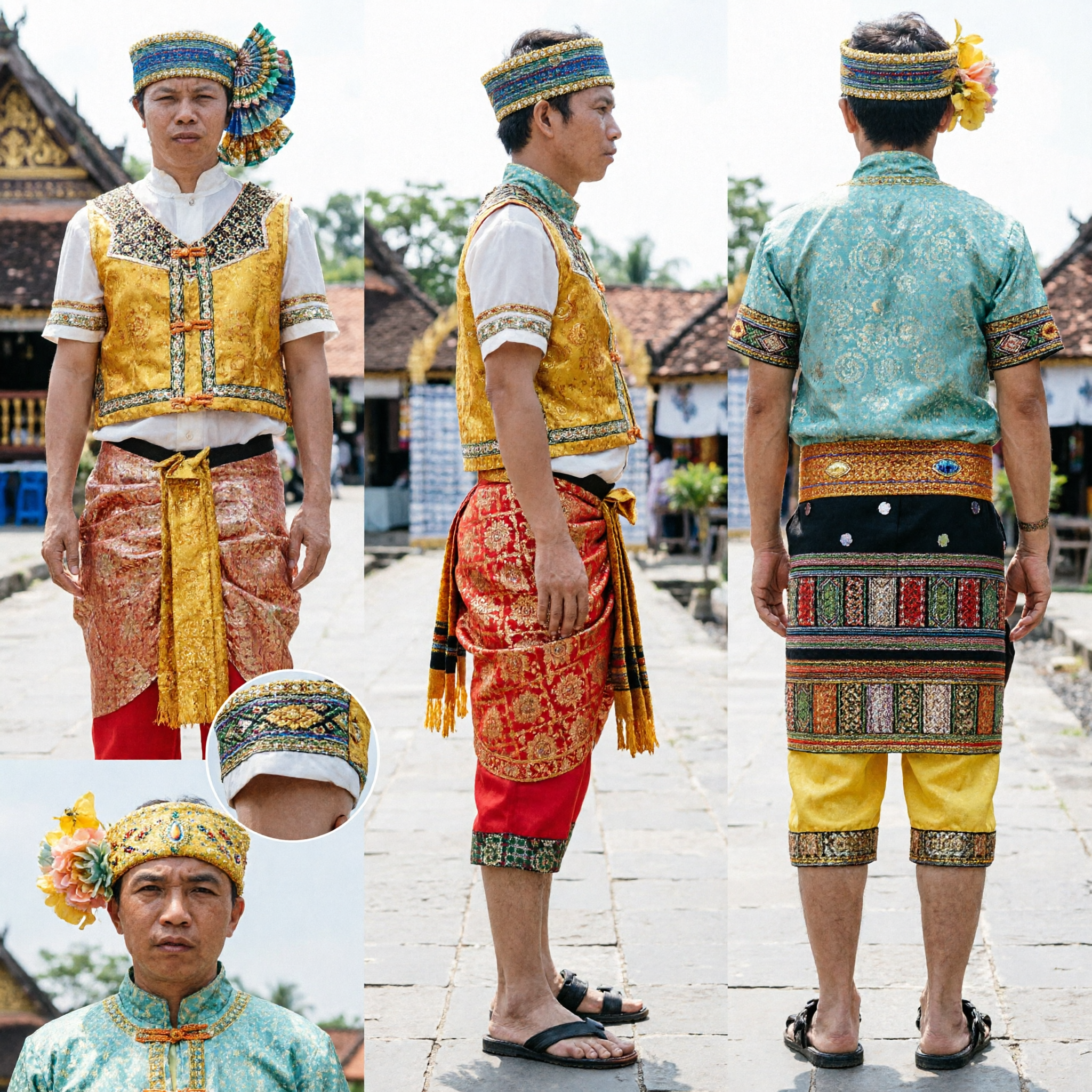 Men's Thai Traditional Dance Costume Set with Golden Vest, Patterned Sarong, and Headdress for Cultural Performances