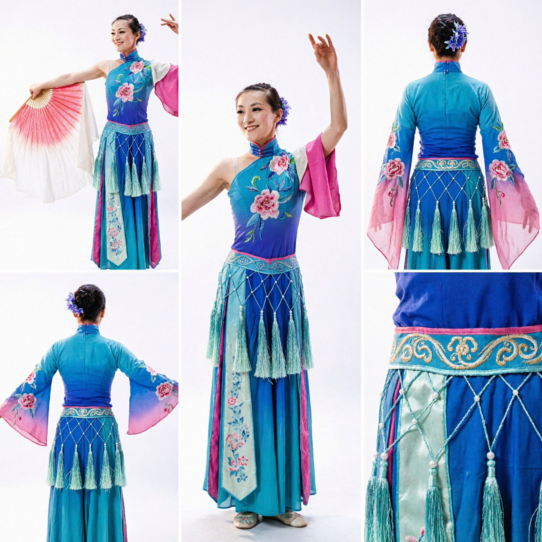 Women's Traditional Chinese Fan Dance Costume Blue Floral Cheongsam Top and Skirt Set for Stage Performance