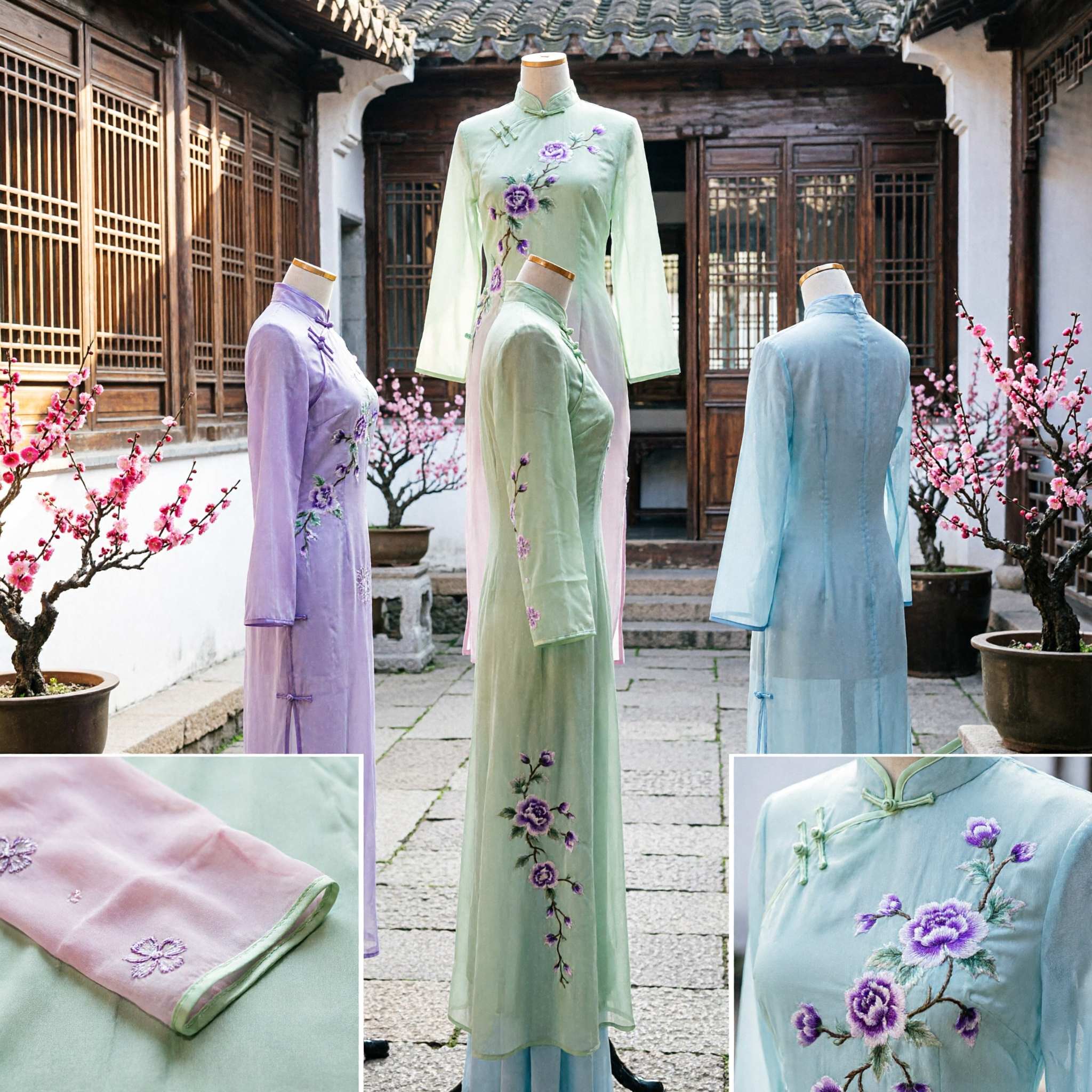 Traditional Vietnamese Ao Dai Dress Elegant Embroidered Long Gown for Women Wedding Bridesmaid Performance Costume
