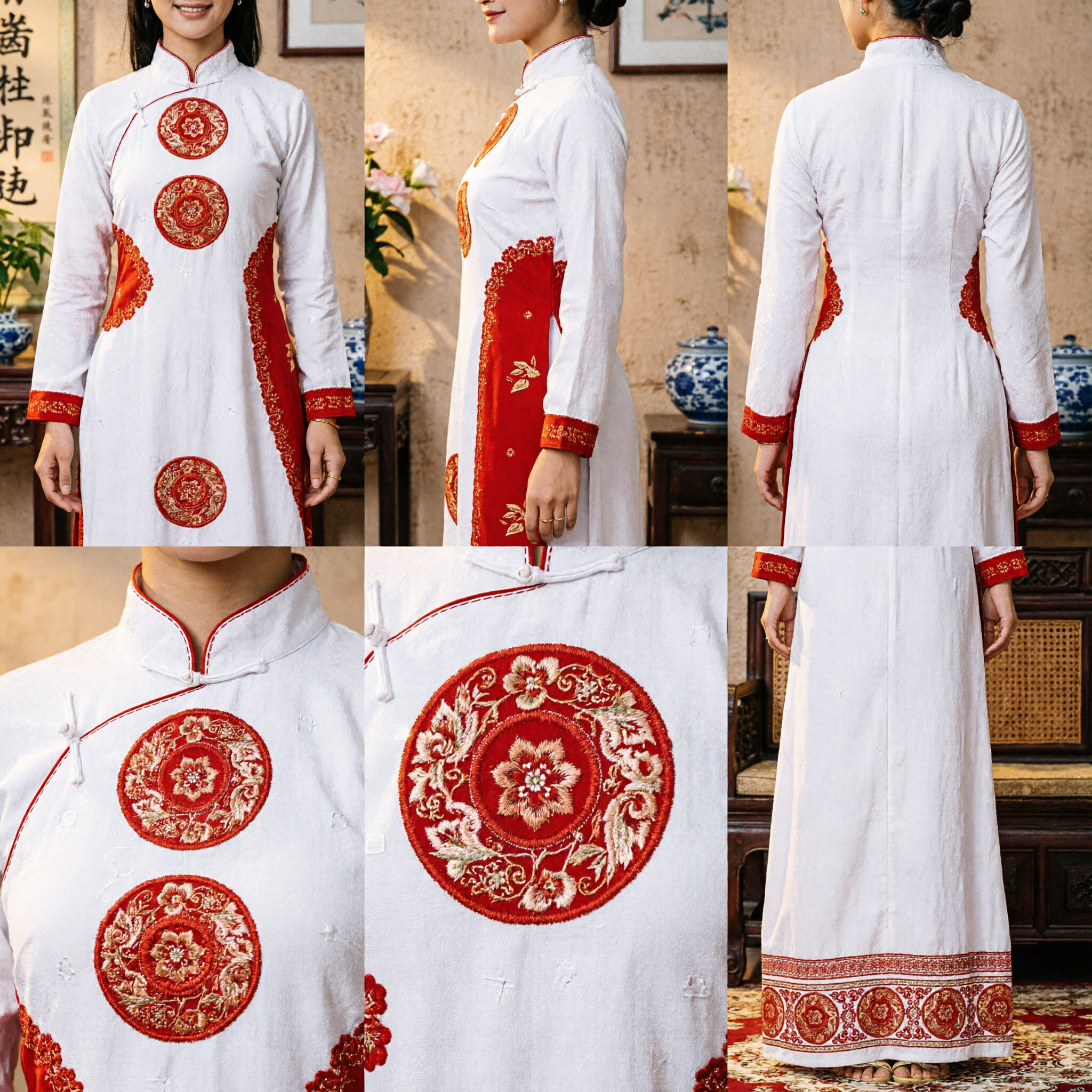 Traditional Vietnamese Ao Dai Wedding Dress Red and White Embroidered Long Sleeve Gown for Women