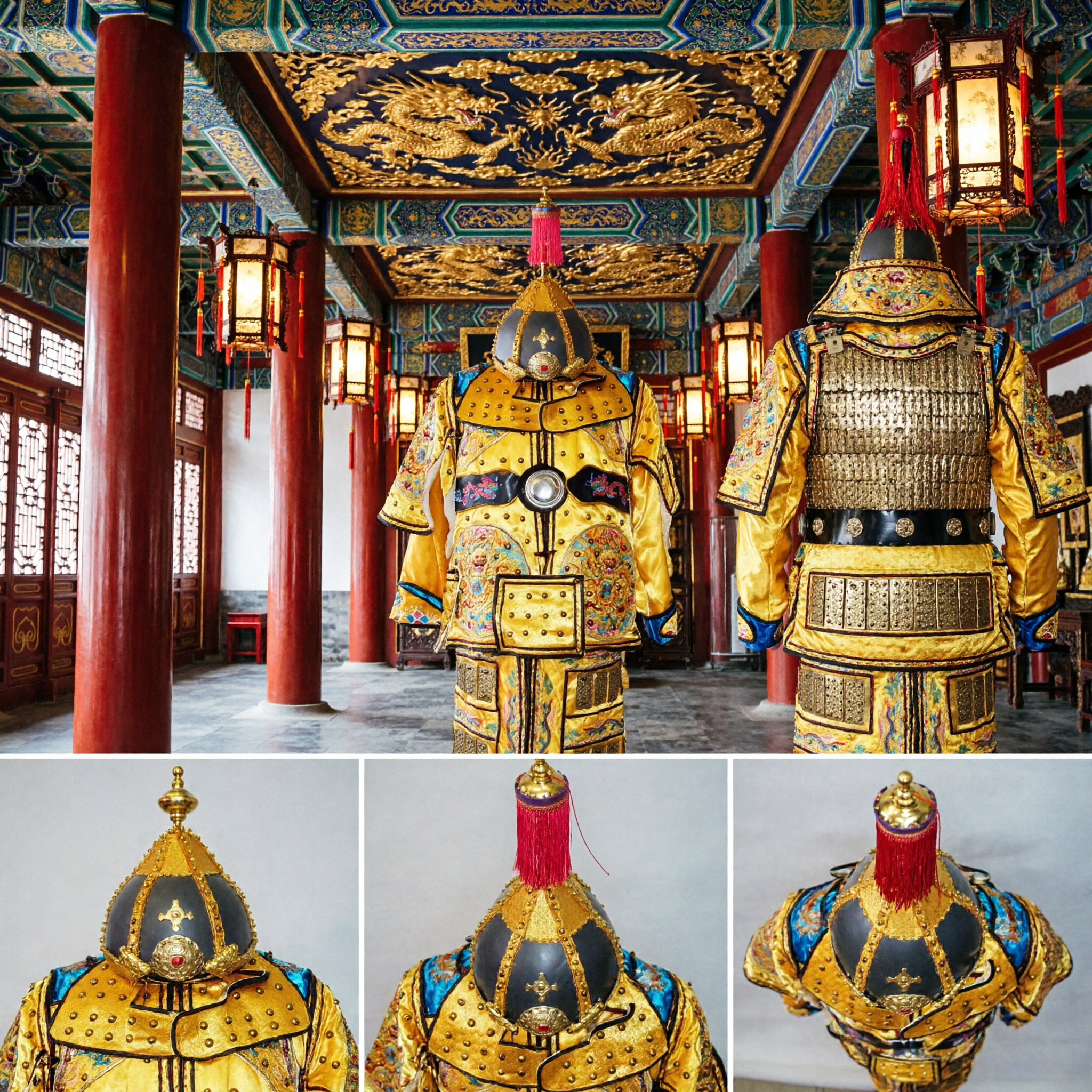 Traditional Chinese Imperial Yellow Dragon Armor Costume Set with Helmet for Qing Dynasty Emperor General Performance
