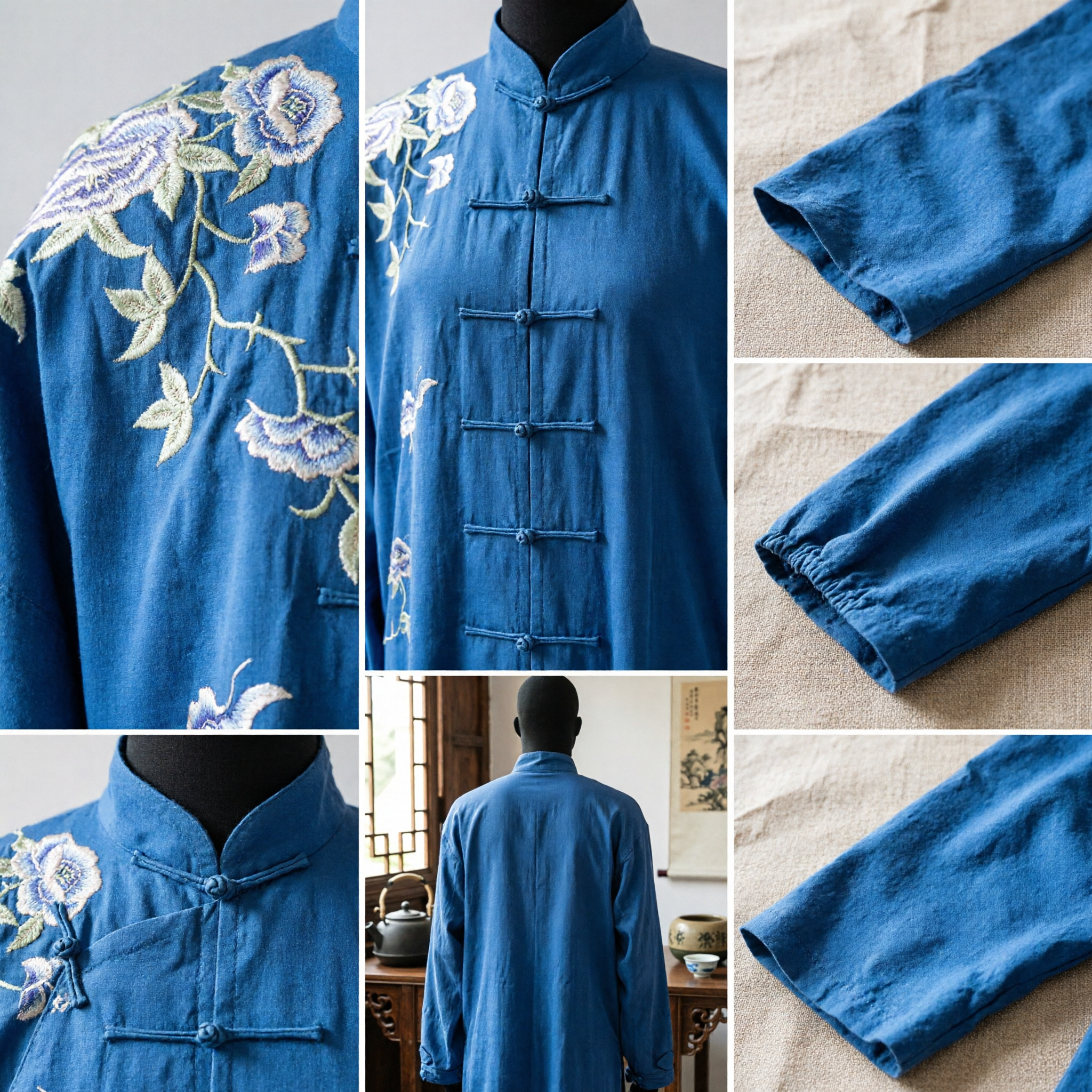 Traditional Chinese Blue Silk Tang Suit Jacket Floral Embroidery Mandarin Collar Kung Fu Tai Chi Costume