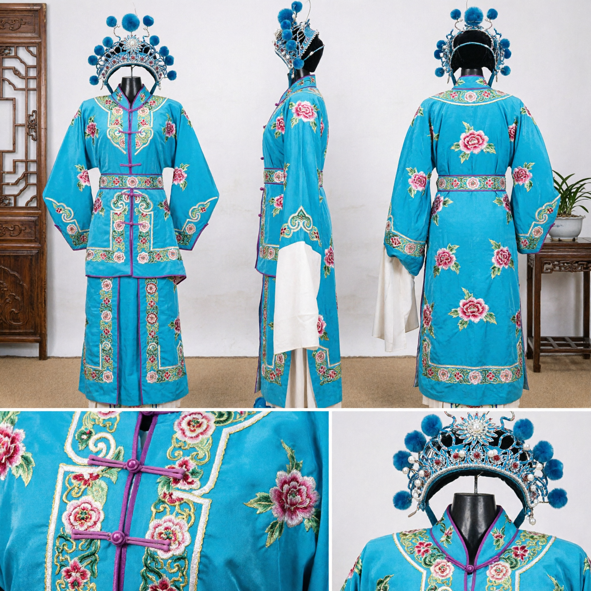 Traditional Chinese Peking Opera Blue Embroidered Costume Set with Headdress for Female Stage Performance