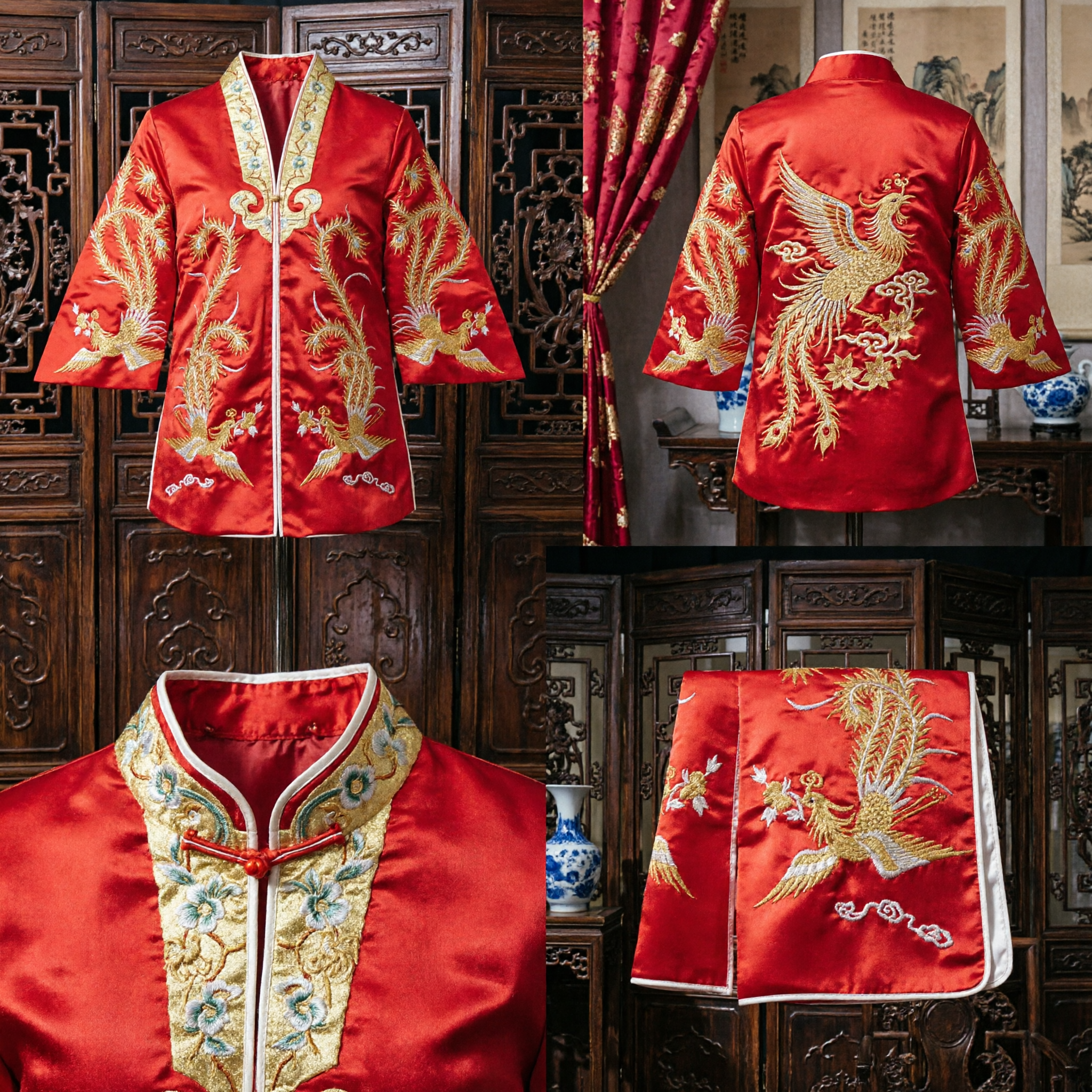 Traditional Chinese Red Wedding Jacket with Gold Phoenix Embroidery Bridal Top for Women