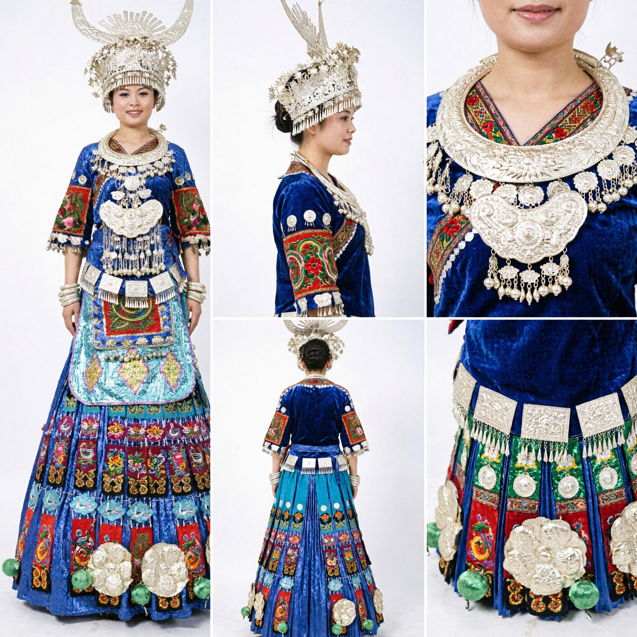 Traditional Chinese Miao Ethnic Minority Silver Headdress and Blue Embroidered Dress Costume for Women Stage Performance