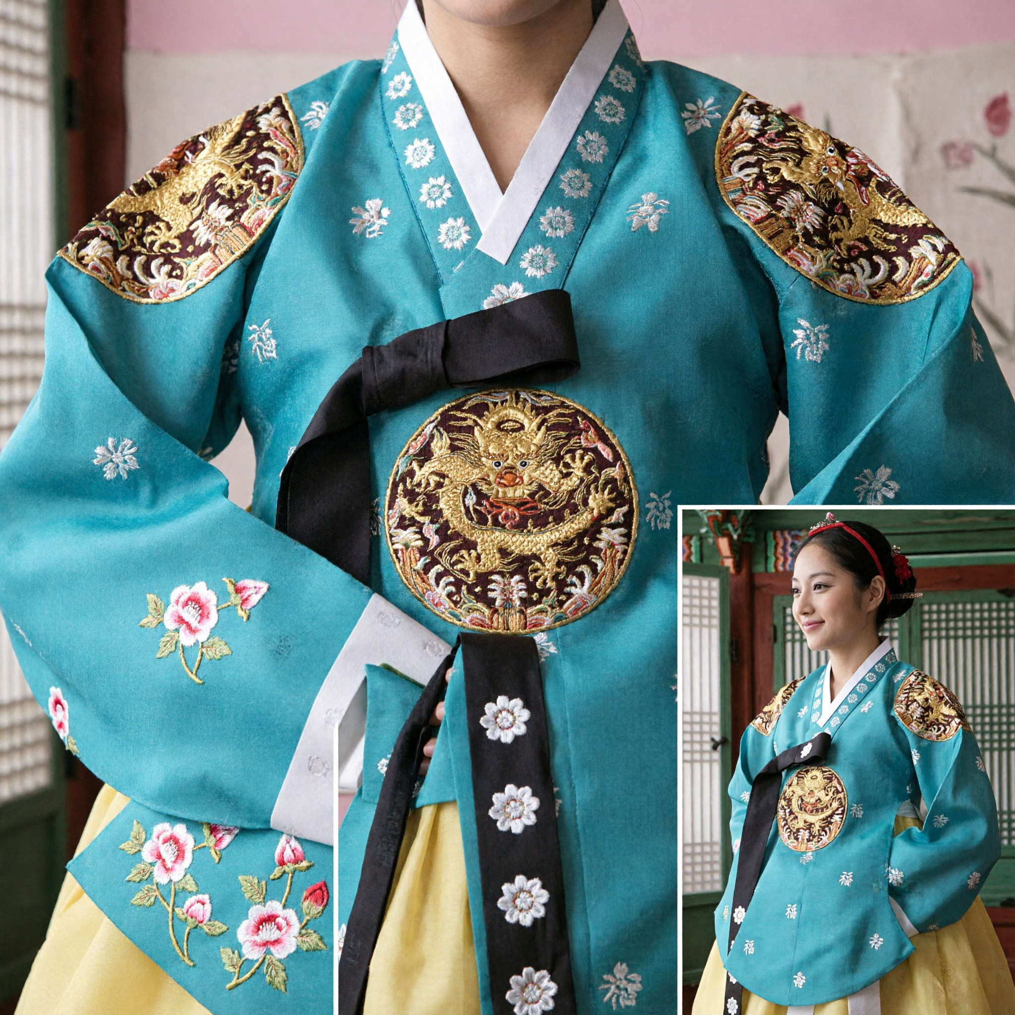 Elegant Teal Korean Hanbok Traditional Dress with Gold Dragon Embroidery Royal Bridal Wedding Costume for Women