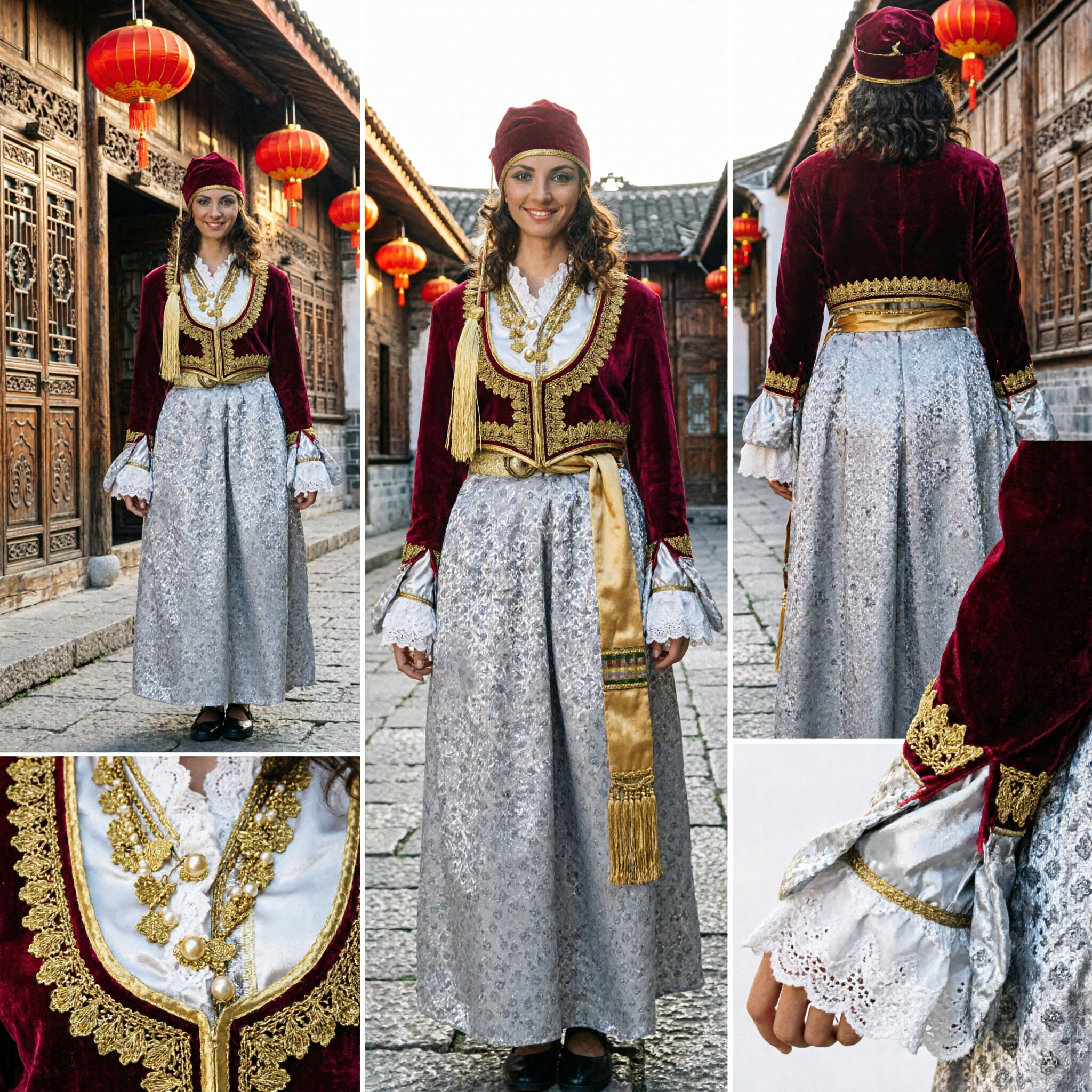 Women's Traditional Greek Folk Dance Costume Set with Red Velvet Jacket, Gold Embroidery, and Silver Skirt