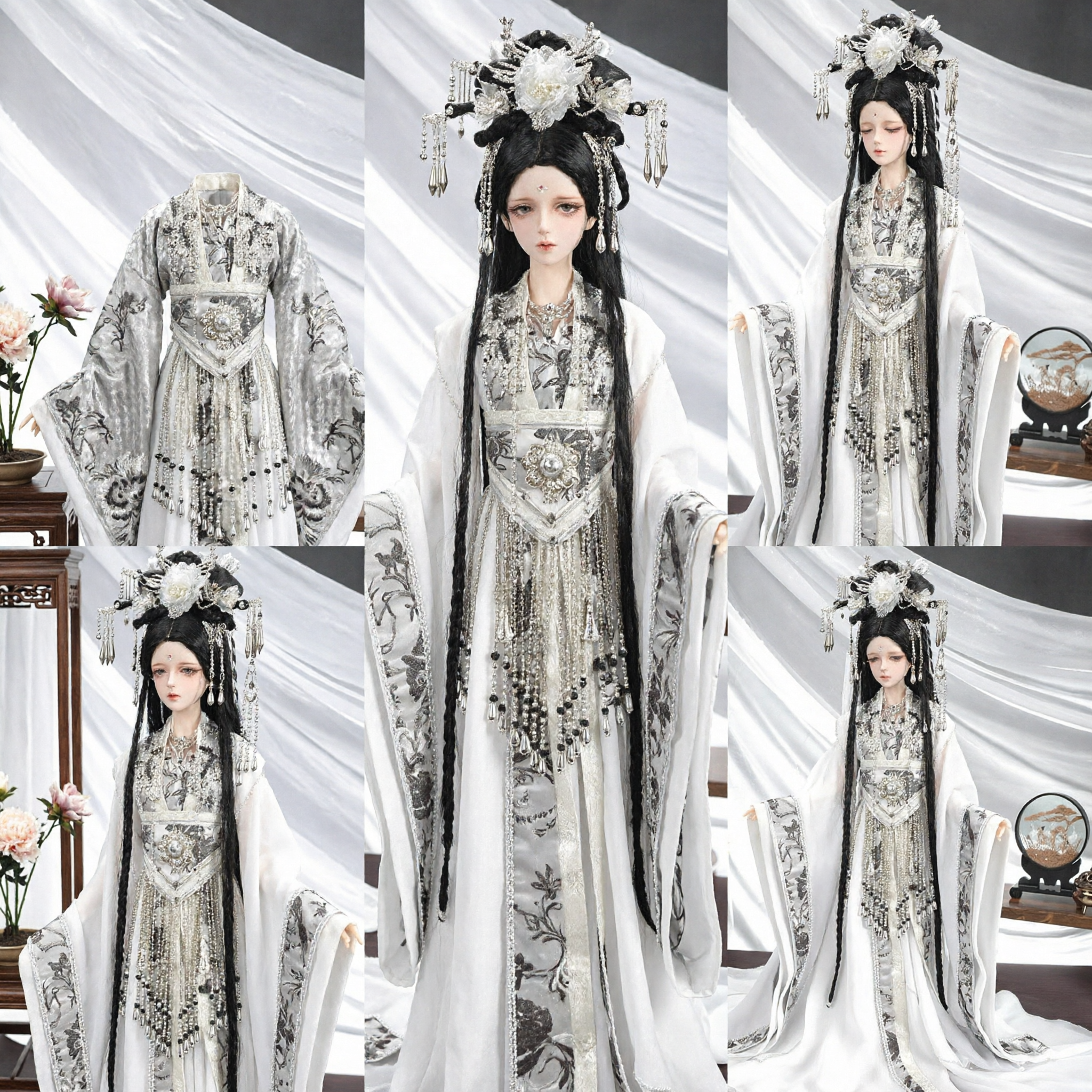 Traditional Chinese Hanfu Complete Set Ancient Fairy Costume with Silver Embroidery and Headdress for Cosplay