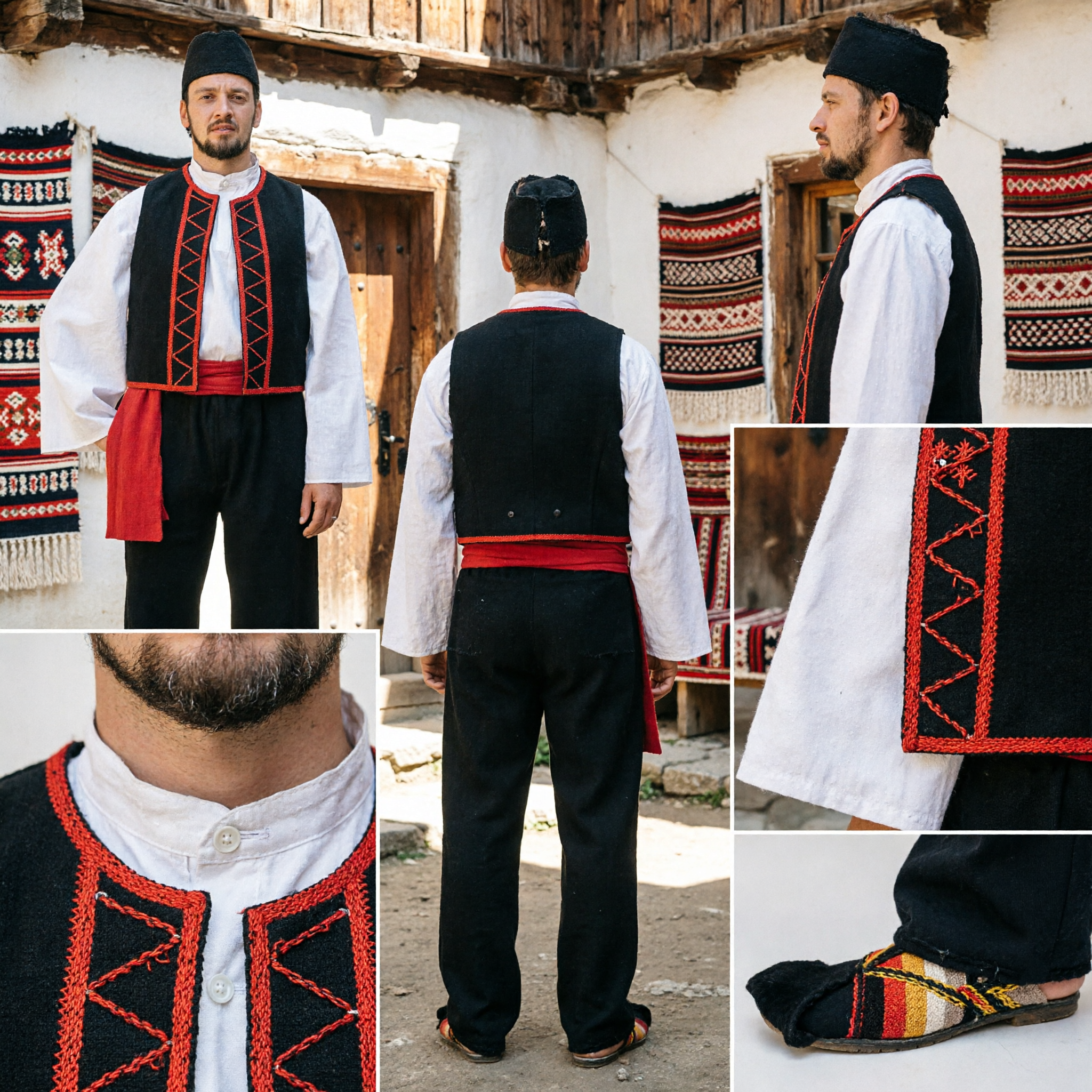 Men's Traditional Balkan Folk Dance Costume Set with Embroidered Black Vest, Red Sash, and Trousers
