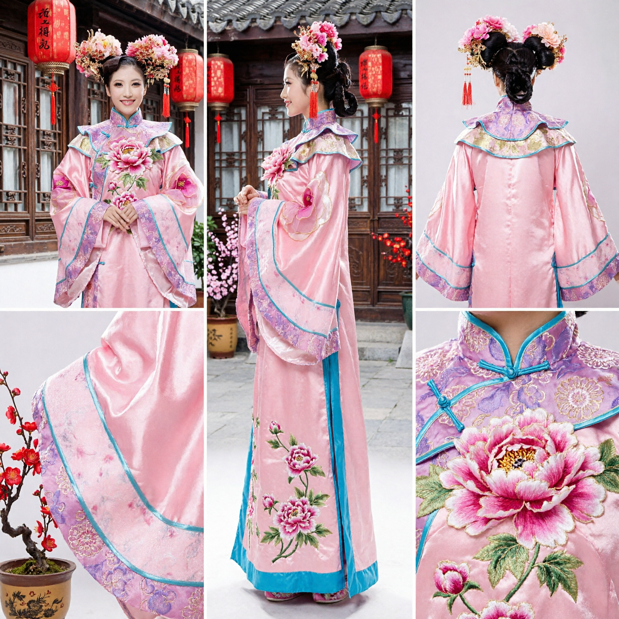 Ancient Chinese Qing Dynasty Pink Manchu Princess Costume Embroidered Dress with Headdress for Women Stage Performance