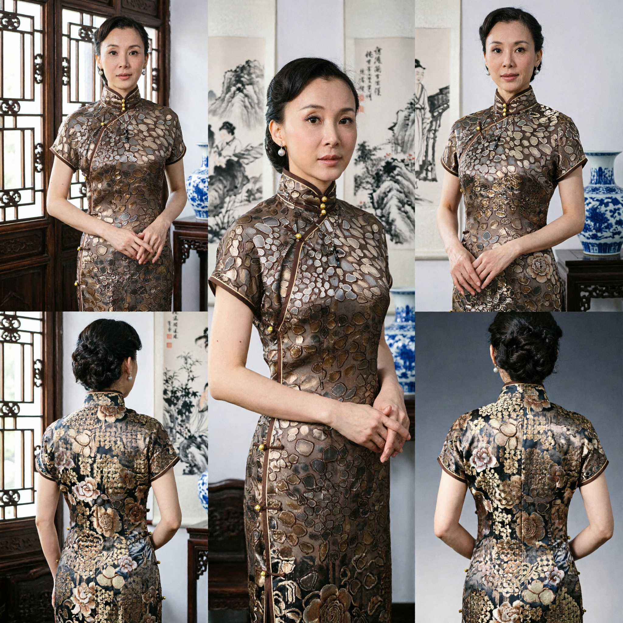 Elegant Brown Patterned Chinese Qipao Cheongsam Dress Traditional Mandarin Collar Formal Occasion Wear