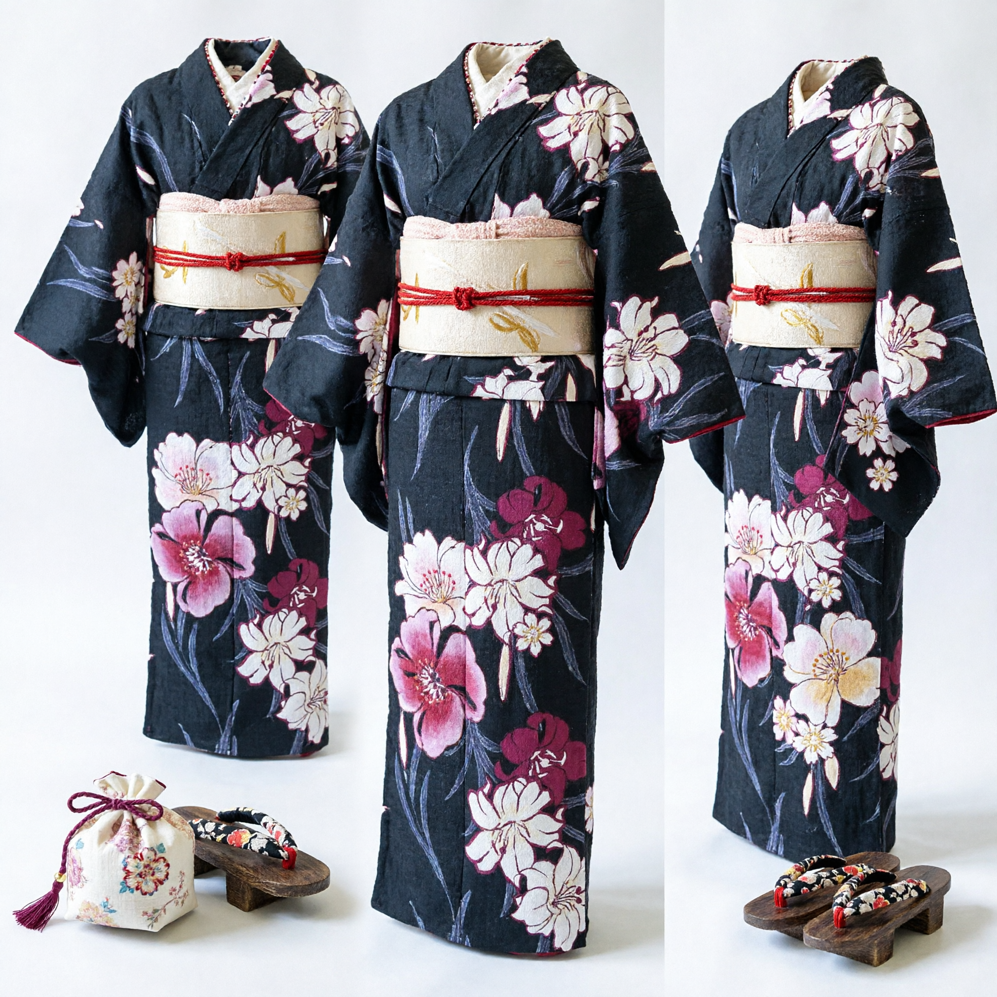 Traditional Japanese Black Floral Yukata Kimono Set for Women with Obi Bow Geta Sandals and Pouch