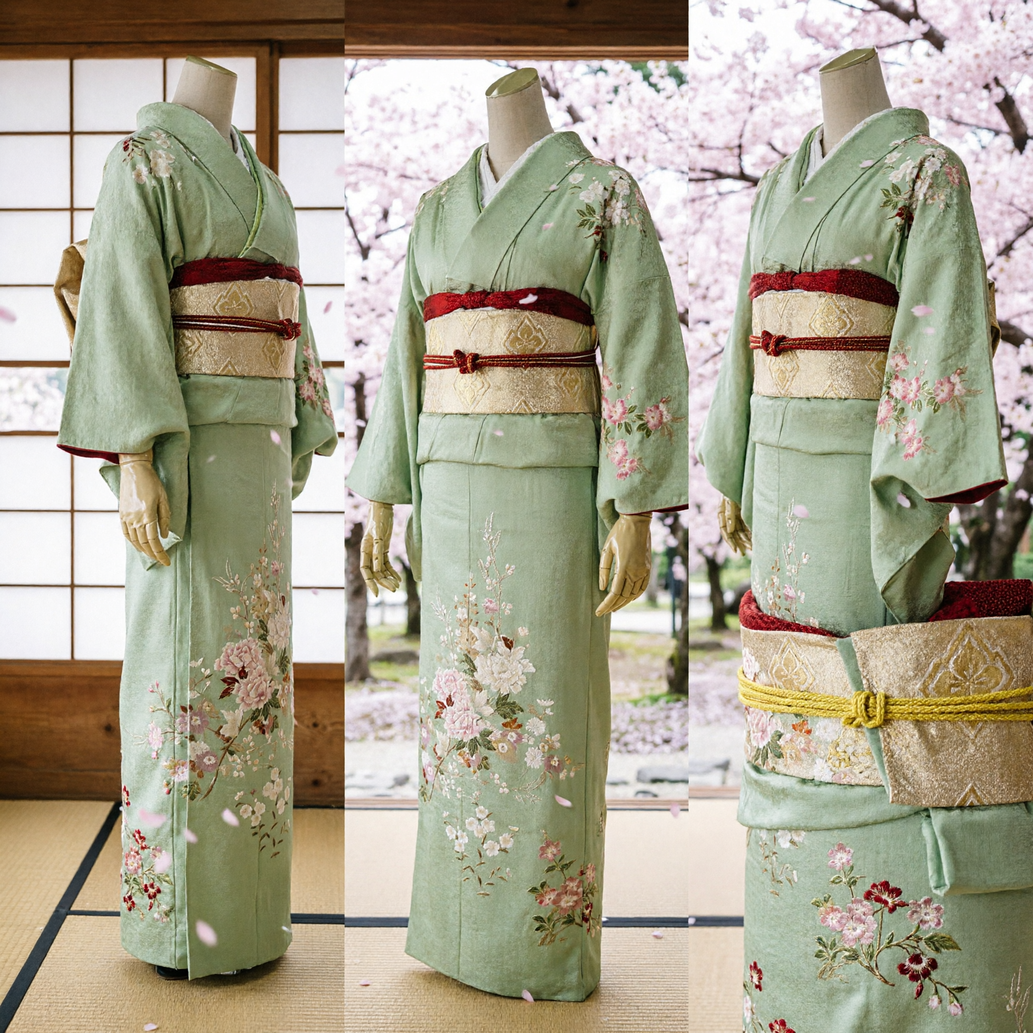 Elegant Light Green Japanese Kimono Set with Floral Embroidery and Gold Obi for Women Traditional Ceremony