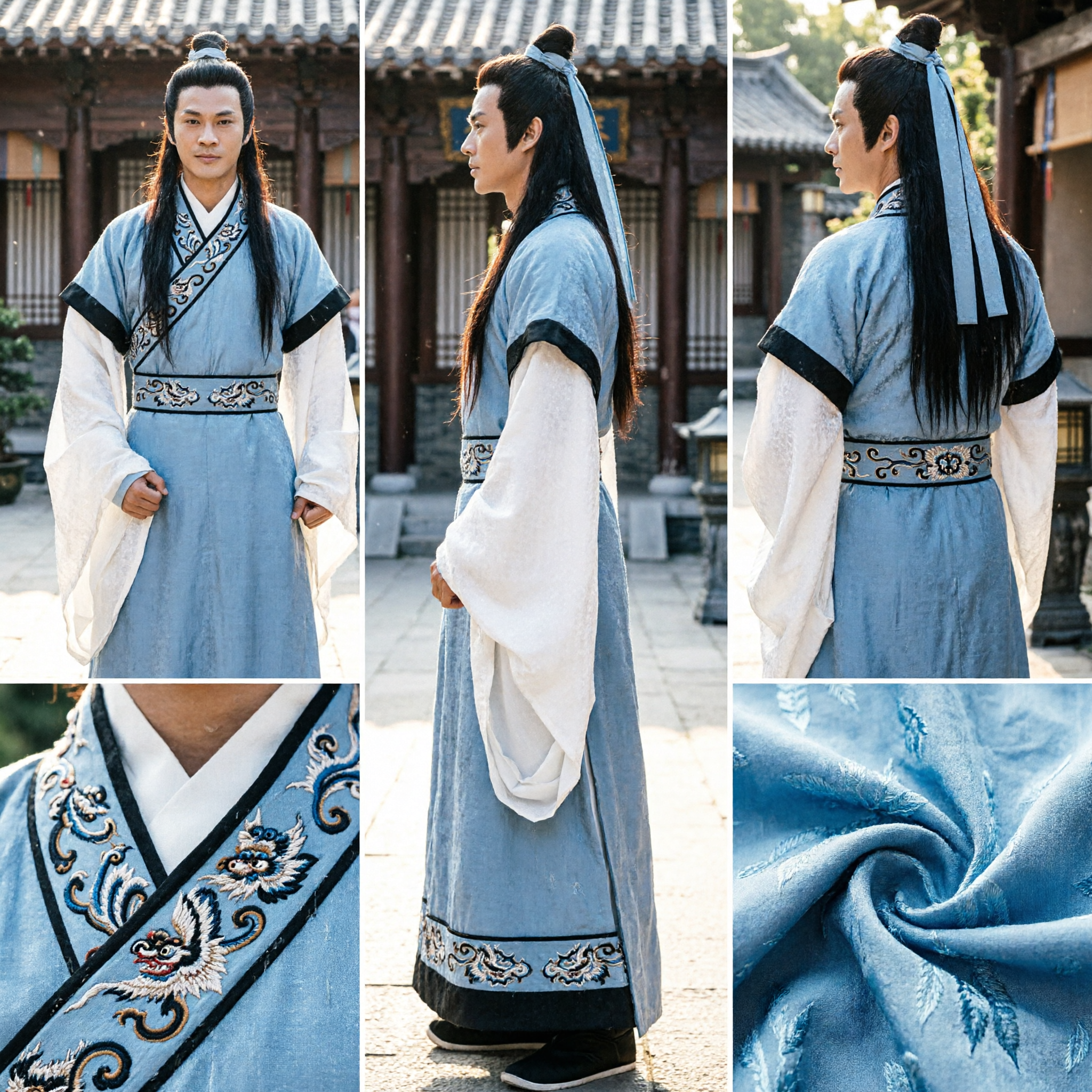 Men's Ancient Chinese Hanfu Wuxia Swordsman Costume Traditional Blue Scholar Cosplay Outfit for Cultural Events
