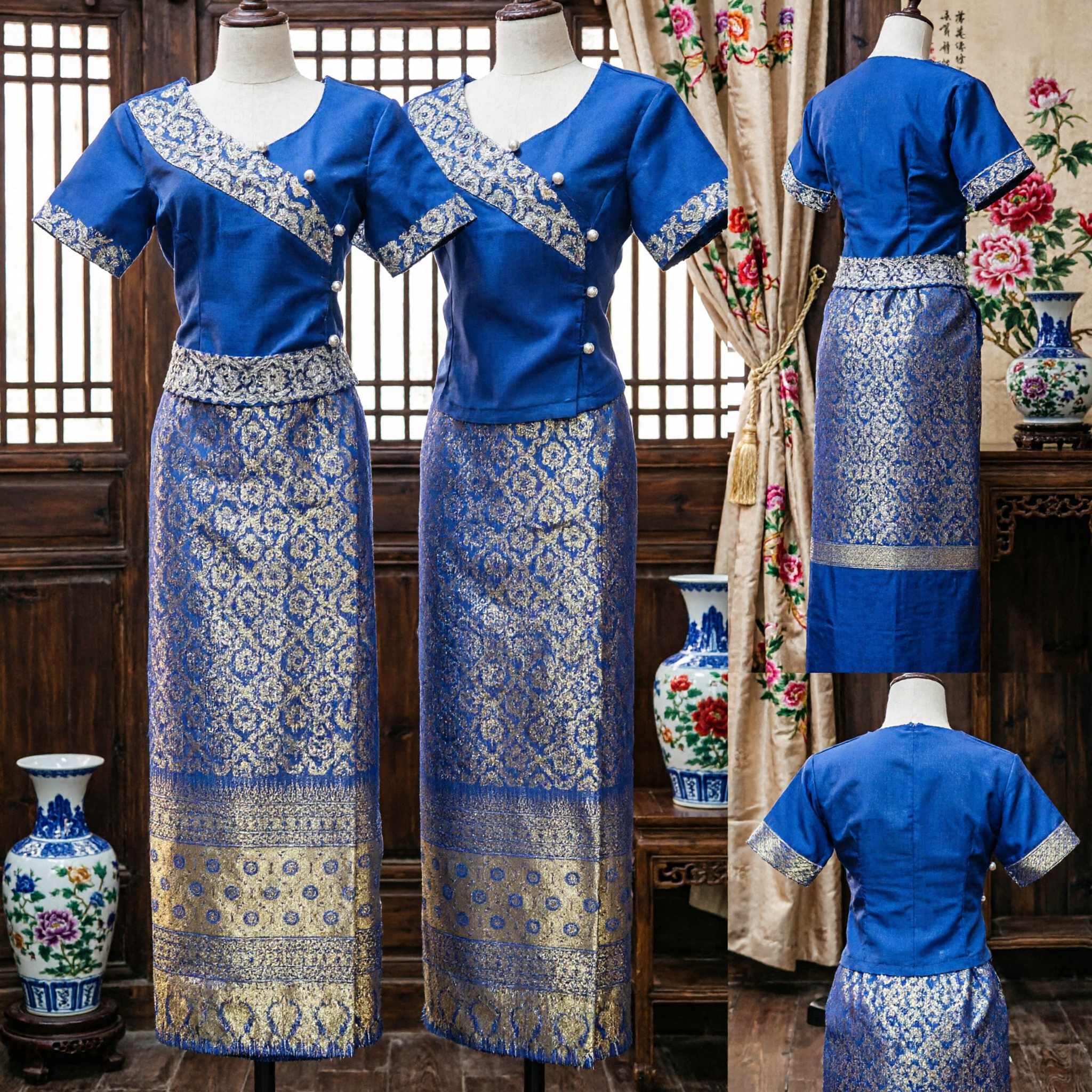 Elegant Royal Blue Thai Traditional Dress Set with Embroidered Sabai Top and Brocade Sinh Skirt for Women