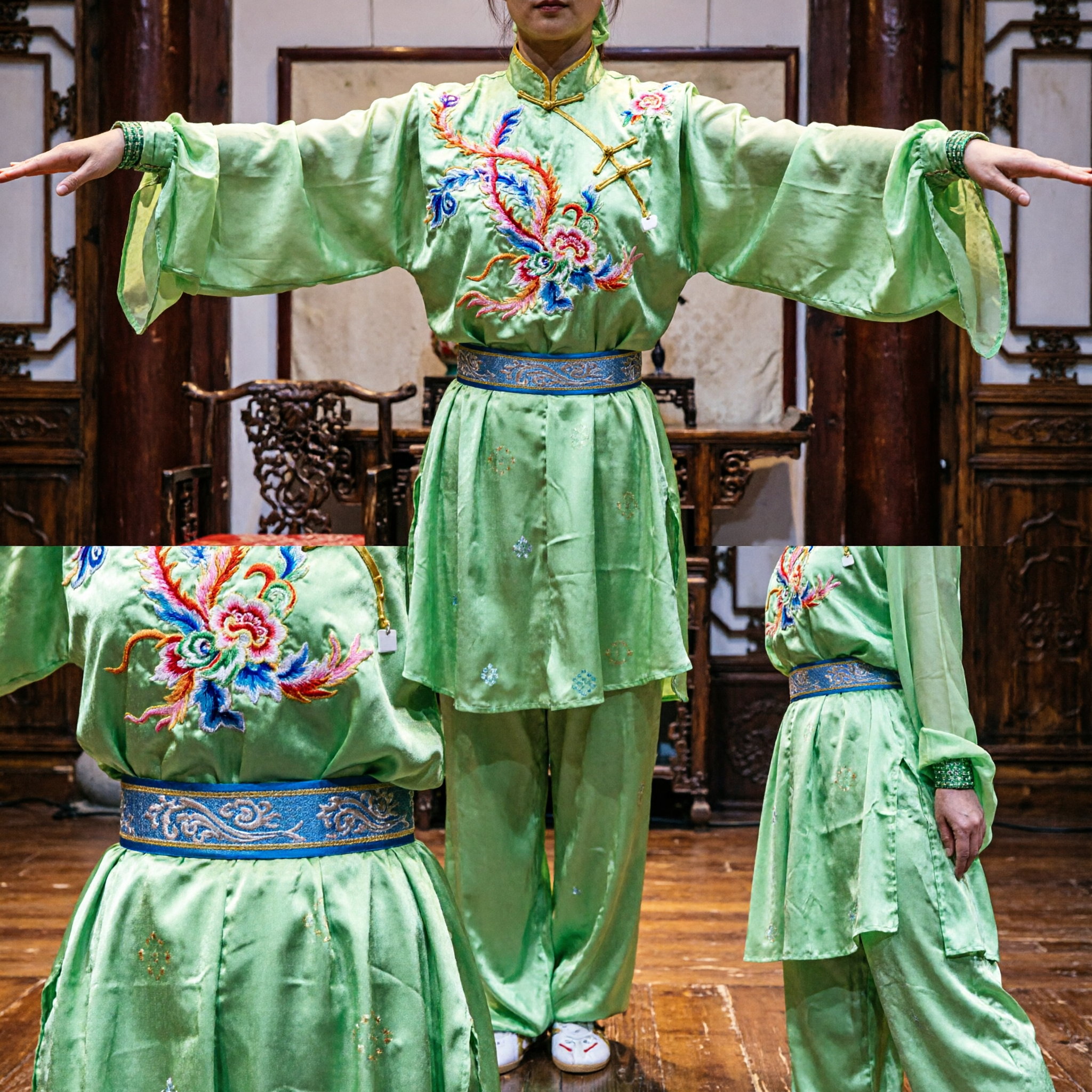 Women's Green Embroidered Kung Fu Uniform Wushu Changquan Tai Chi Martial Arts Competition Suit