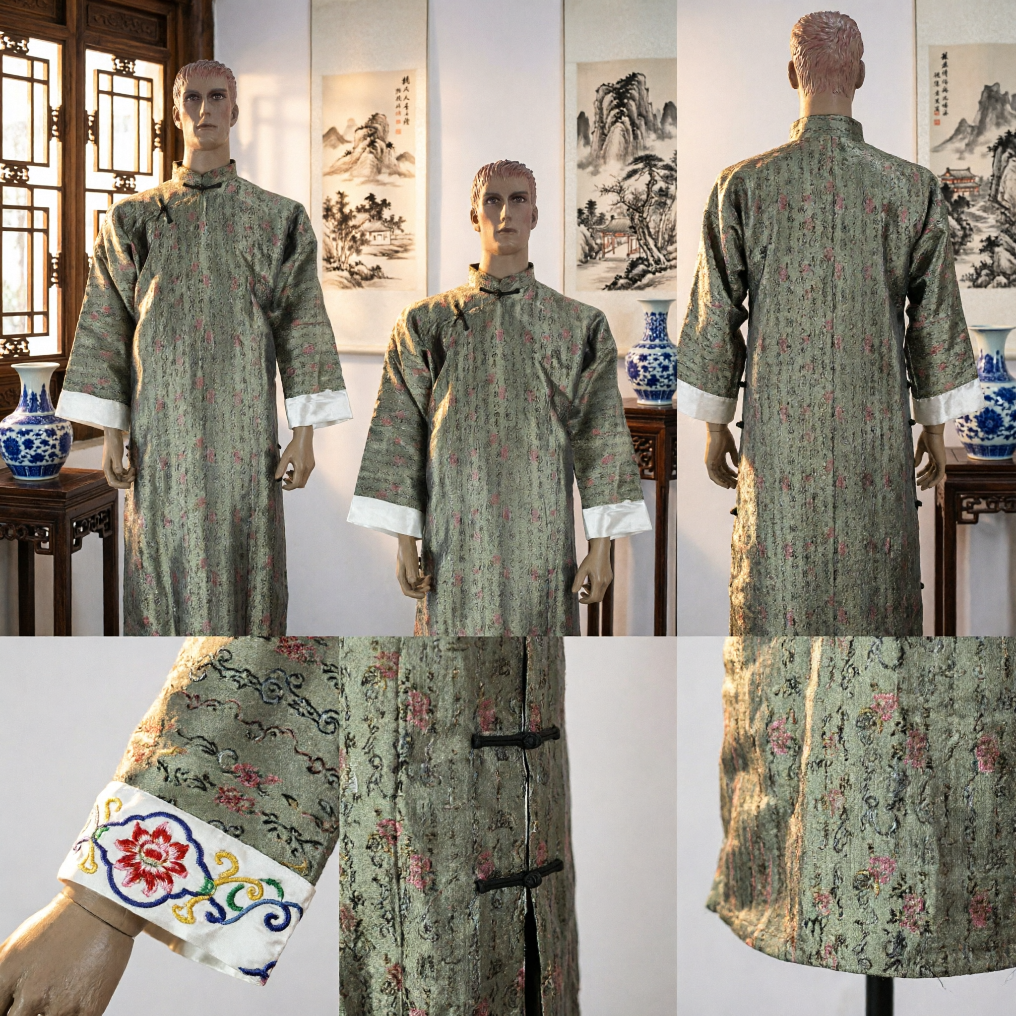 Men's Traditional Chinese Changshan Robe Green Calligraphy Pattern Long Tang Suit for Weddings and Performance