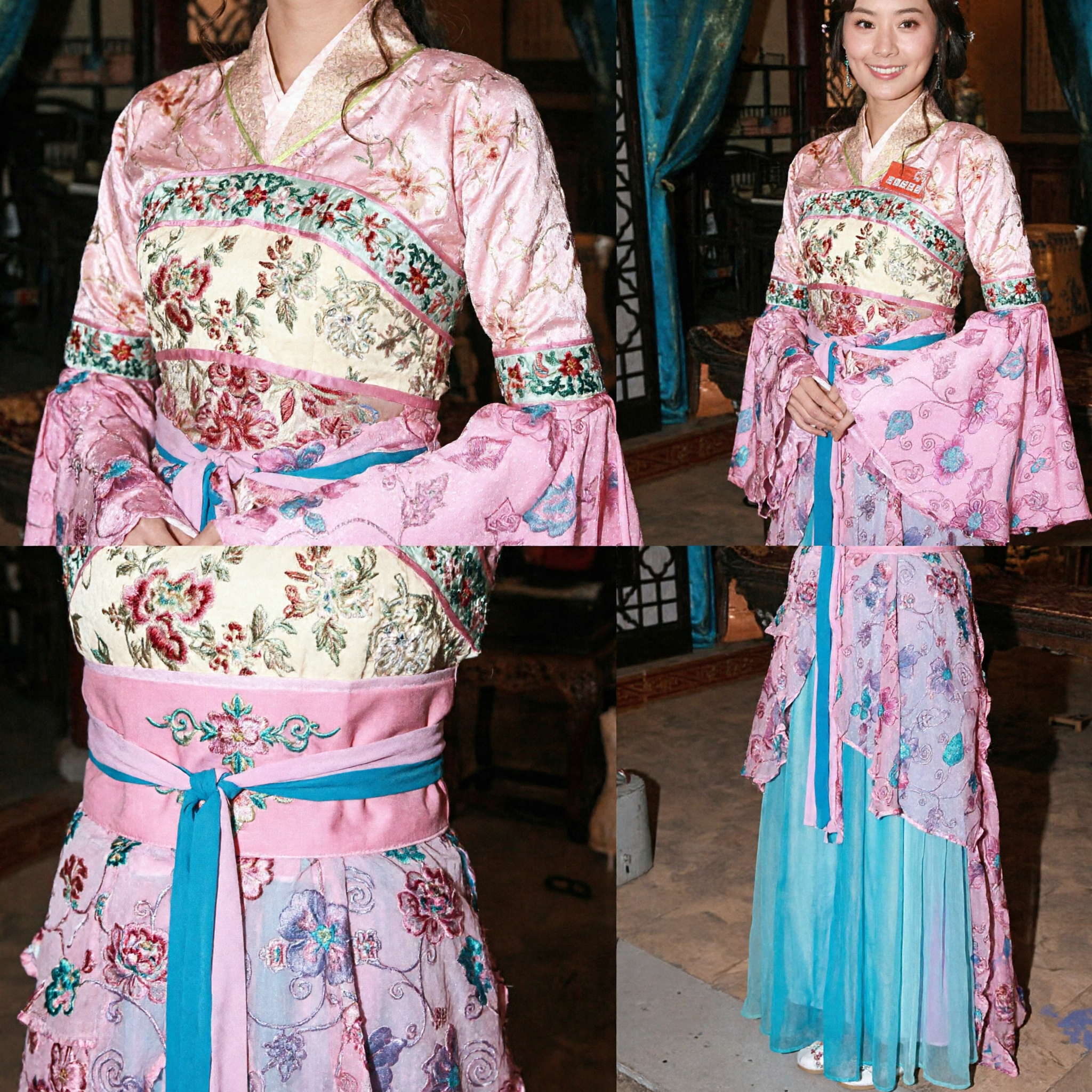 Women's Ancient Chinese Palace Lady Costume Pink Floral Embroidered Hanfu Dress for Traditional Culture Performance