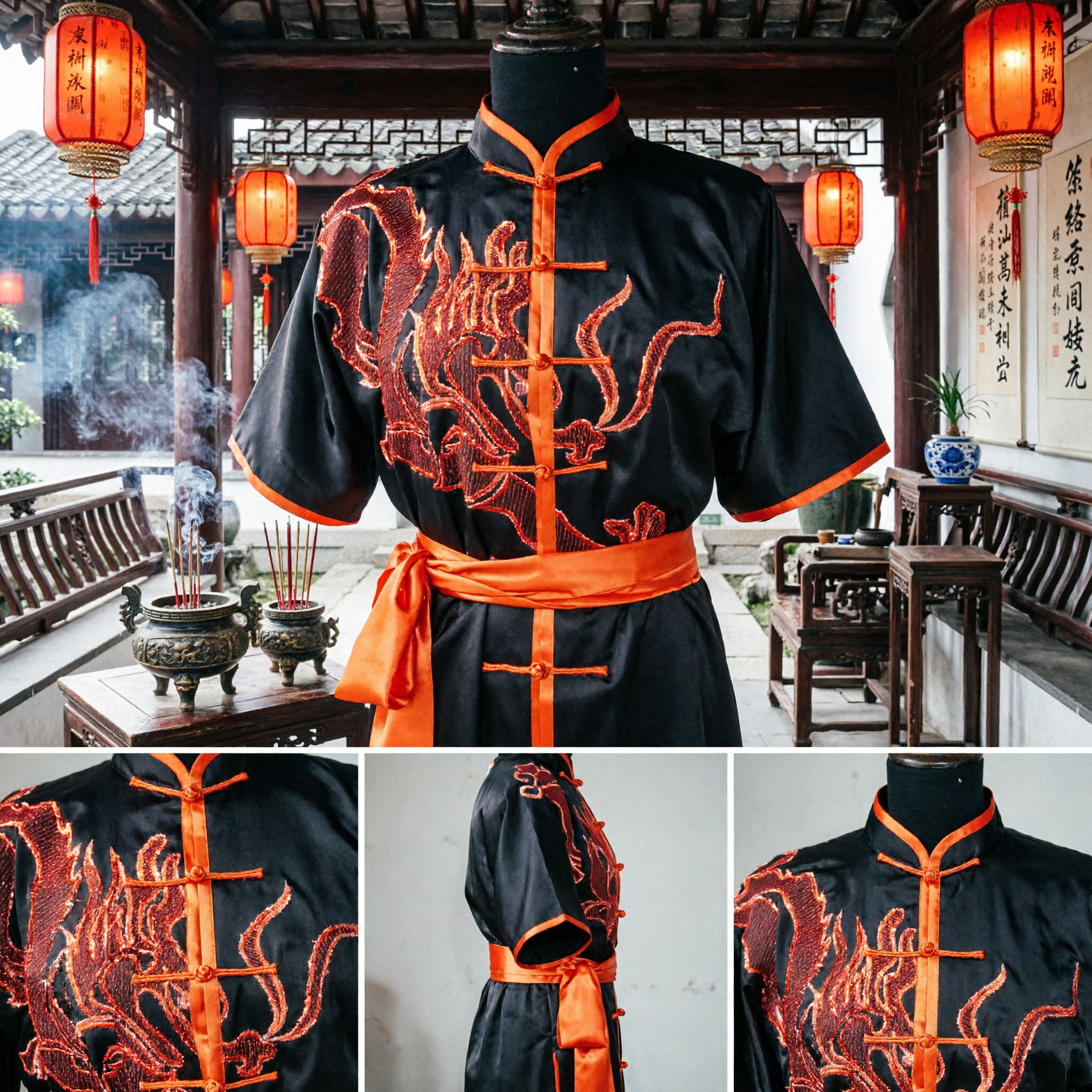 Traditional Black Satin Kung Fu Uniform with Red Dragon Embroidery for Wushu Tai Chi Martial Arts Practice