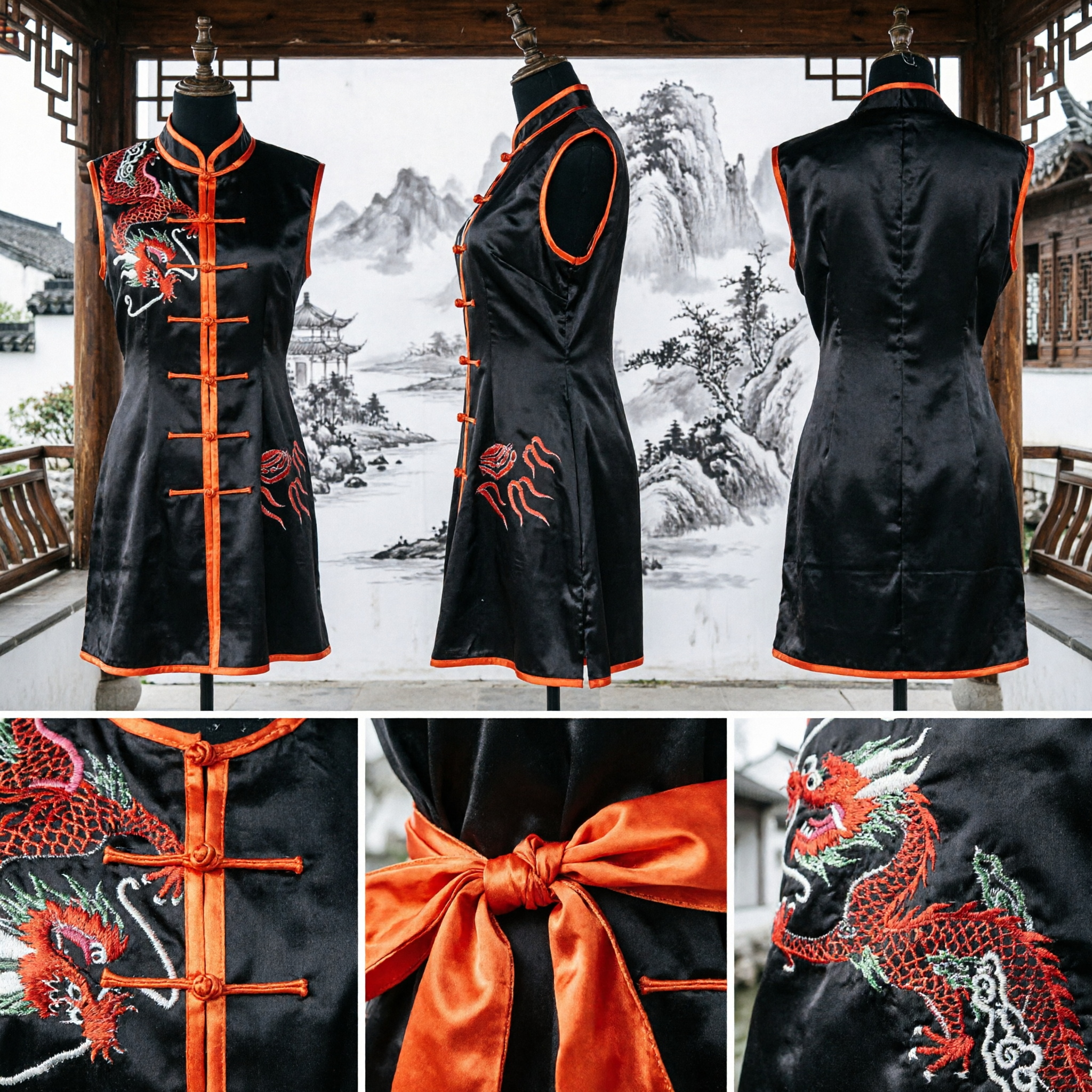Traditional Black and Orange Kung Fu Uniform with Dragon Embroidery for Martial Arts Performance