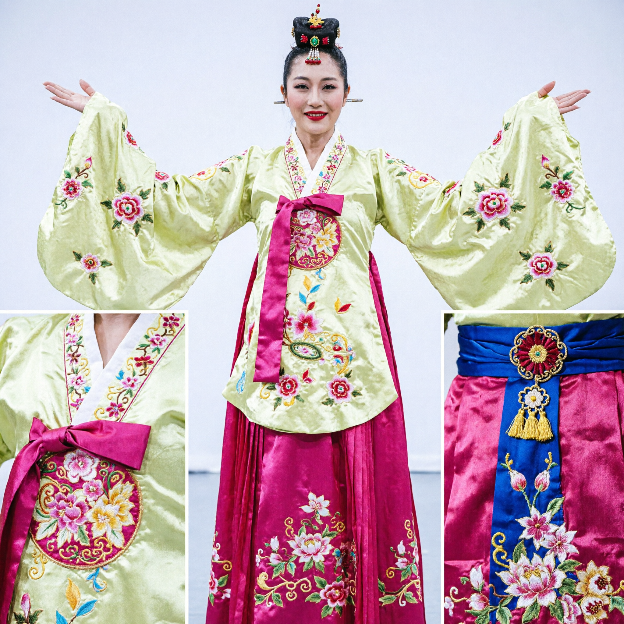 Traditional Chinese Folk Dance Costume Hanfu Fan Dance Dress with Floral Fans for Women Stage Performance