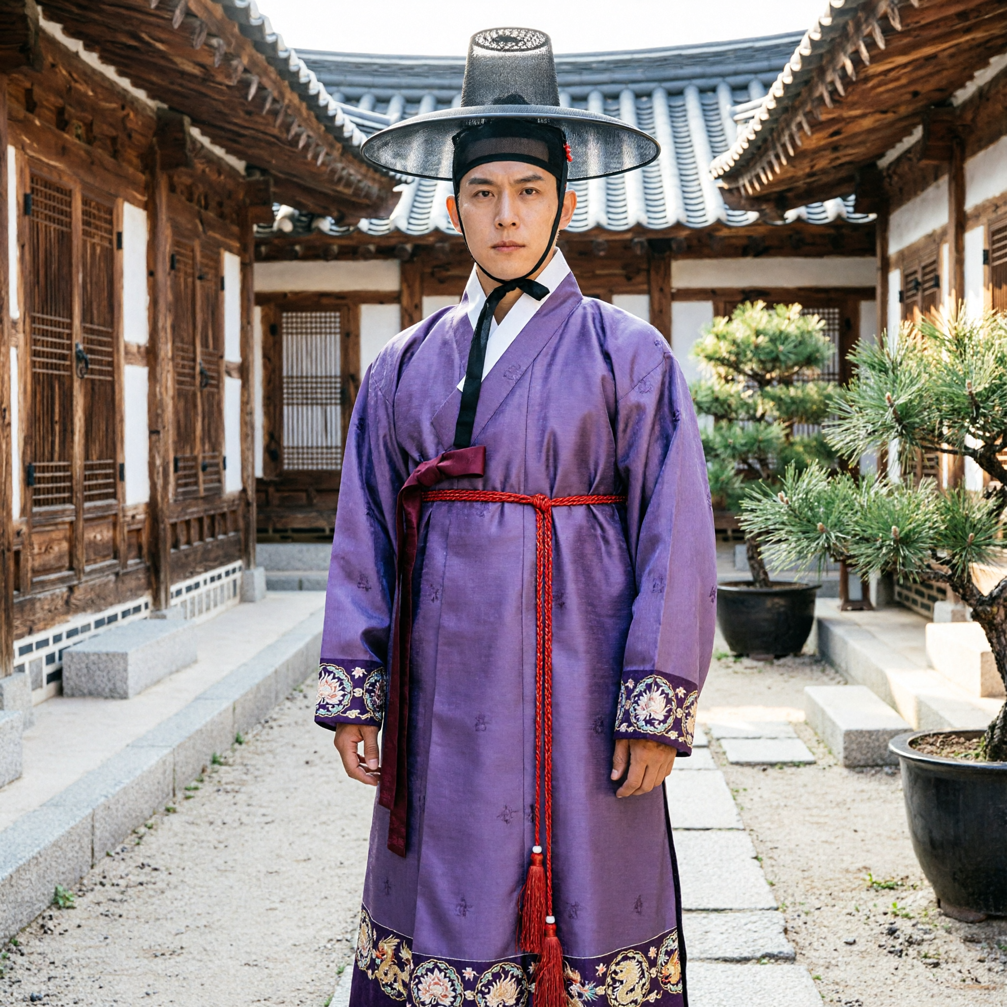 Men's Traditional Korean Hanbok Purple Scholar Robe Dopo Costume with Gat Hat for Cultural Events