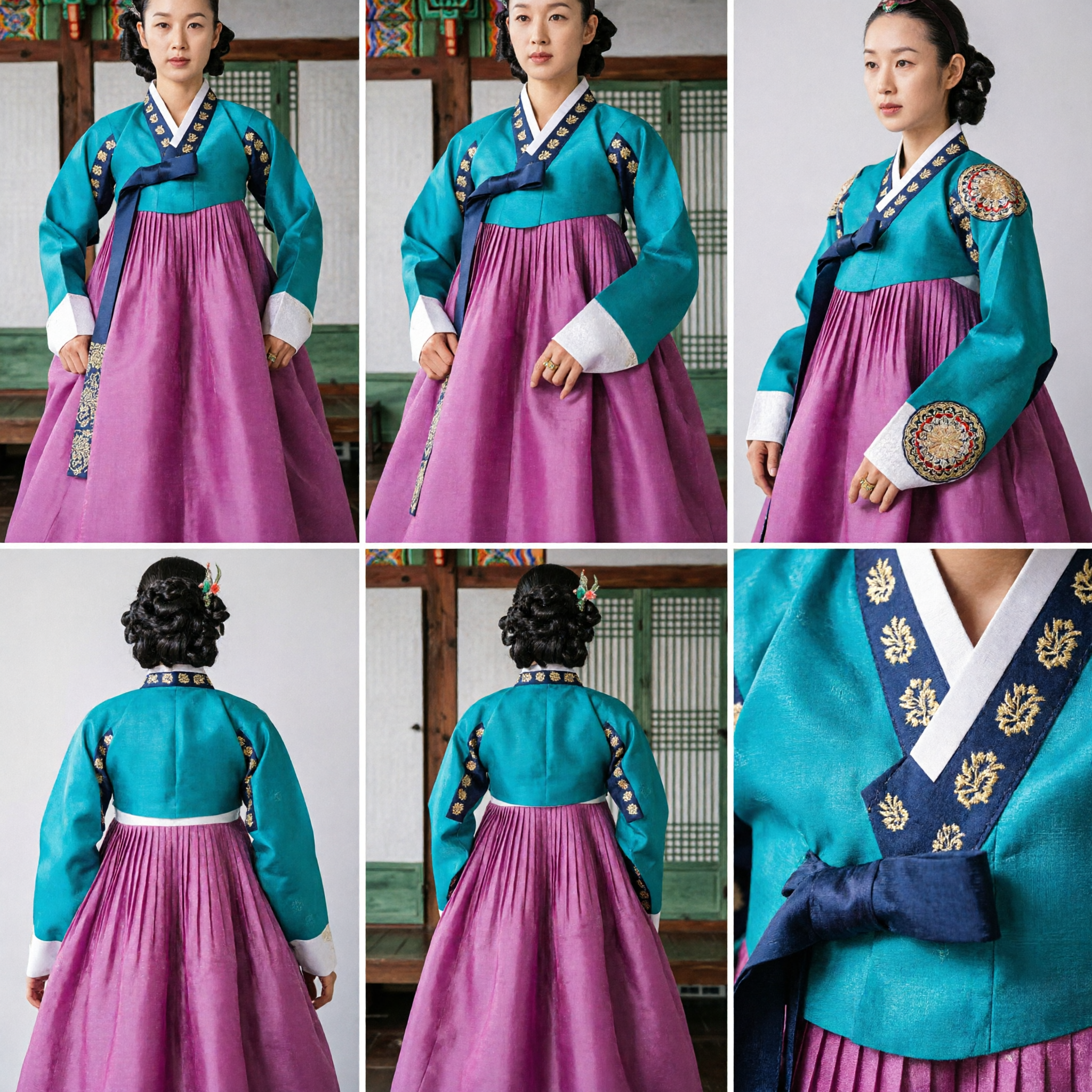 Women's Traditional Korean Hanbok Dress Teal Top and Pink Skirt for Wedding and Performance
