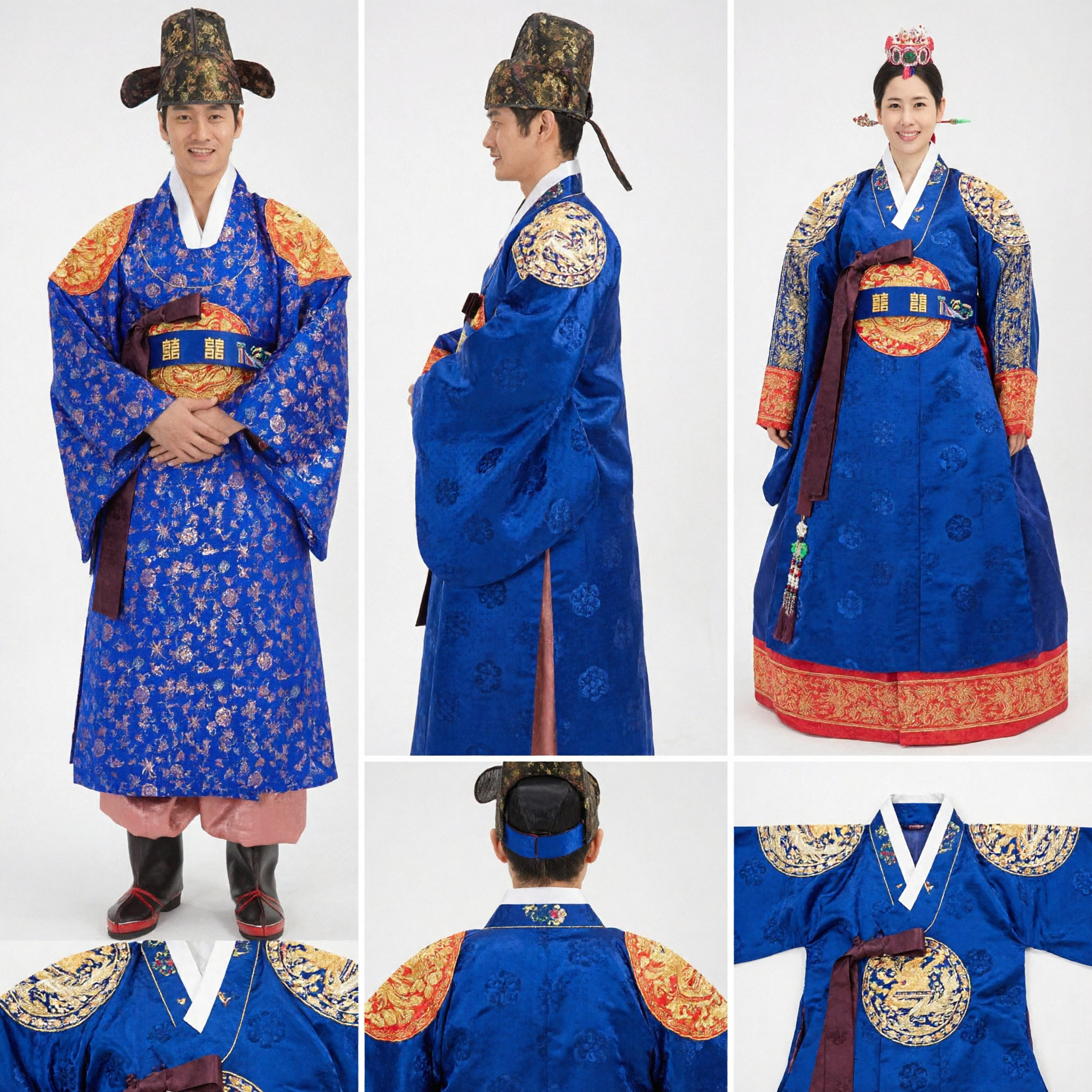 Premium Korean Traditional Wedding Hanbok Couple Set Royal Blue Groom Robe and Red Hwarot Bridal Dress