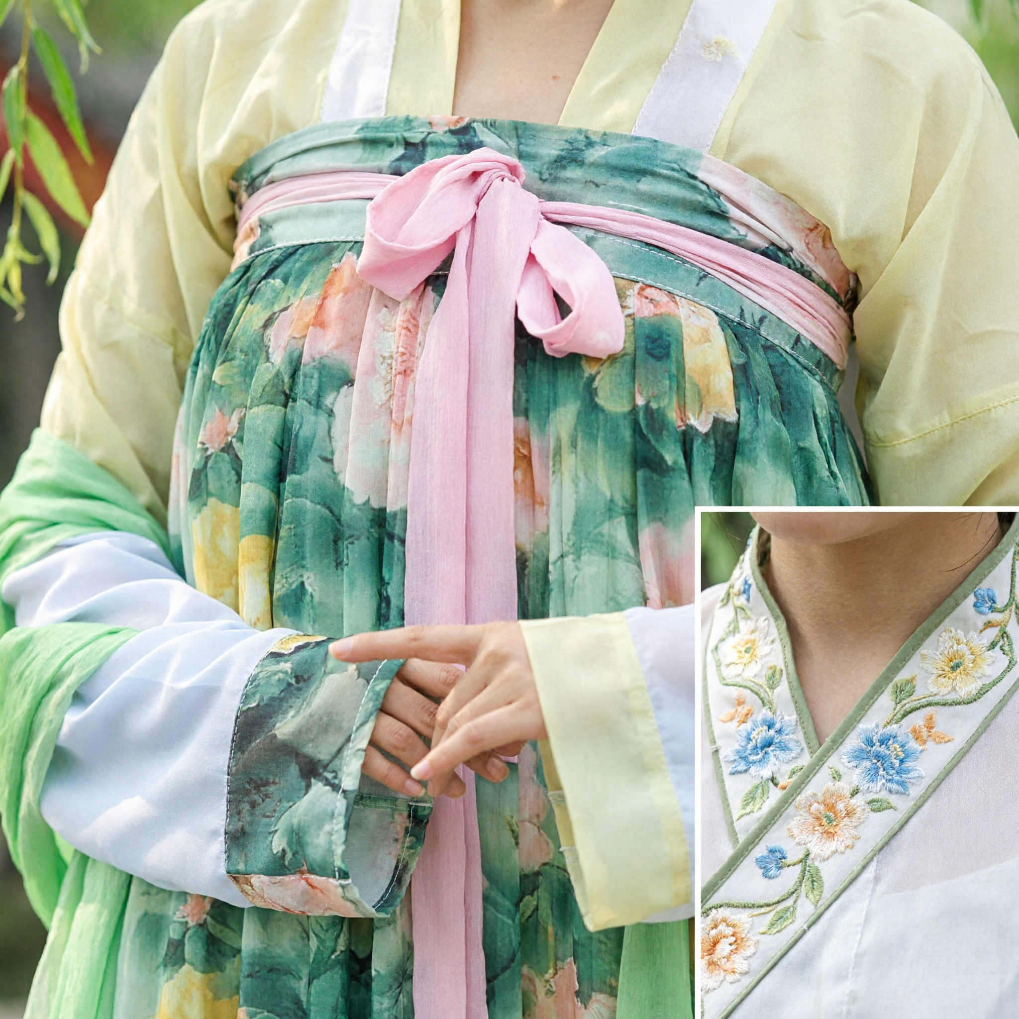 Elegant Green Floral Tang Dynasty Hanfu Qixiong Ruqun Set Traditional Chinese Clothing for Women