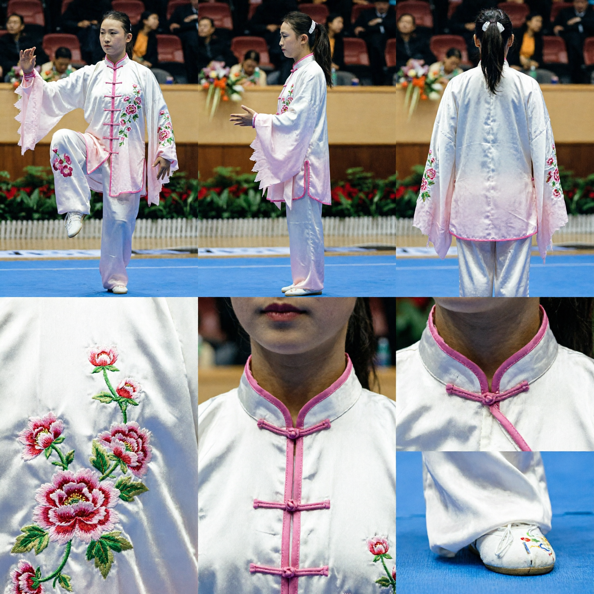 Women's White Silk Tai Chi Uniform with Pink Floral Embroidery for Kung Fu Wushu Competition Performance