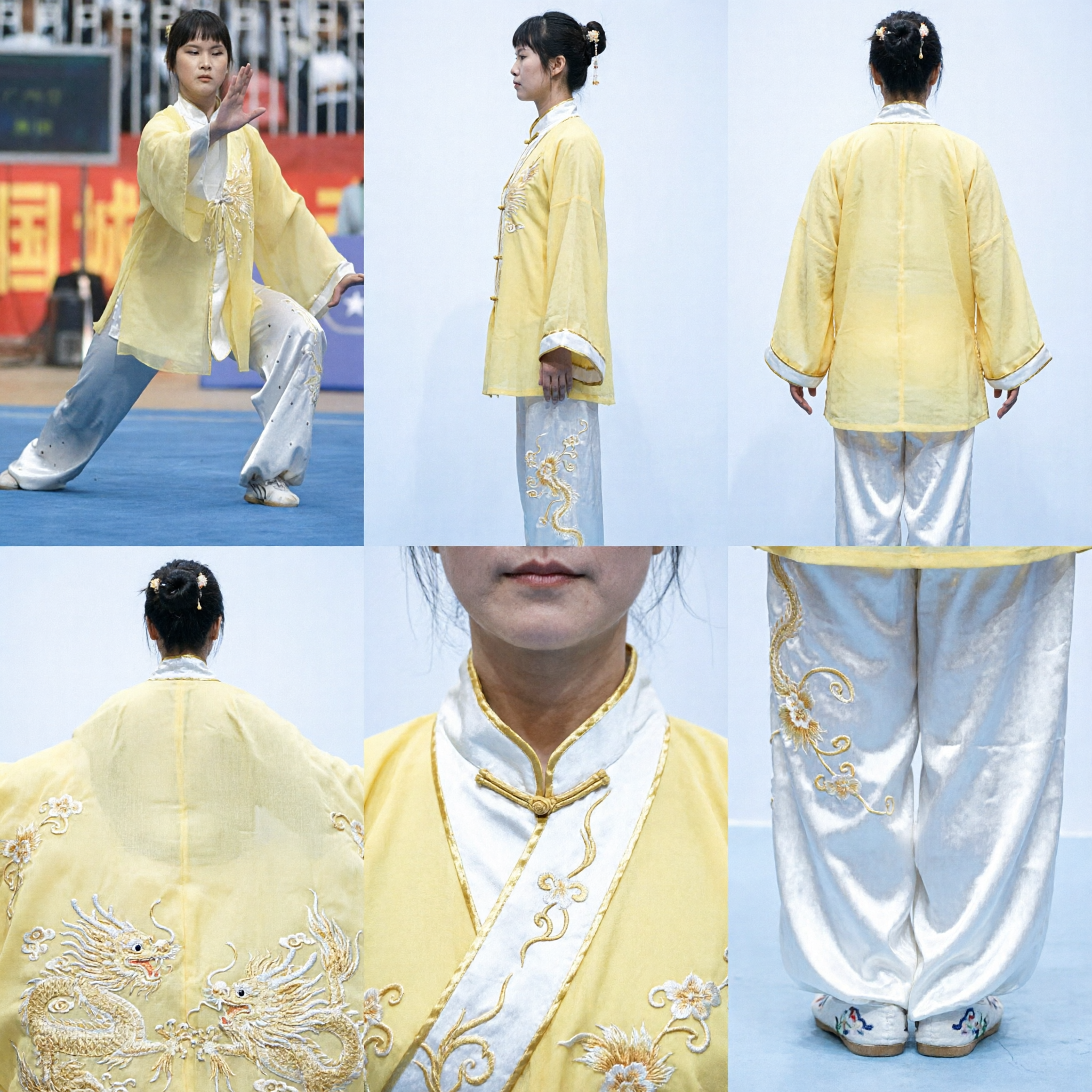 Women's Yellow Silk Tai Chi Uniform Traditional Wushu Kung Fu Martial Arts Suit for Competition