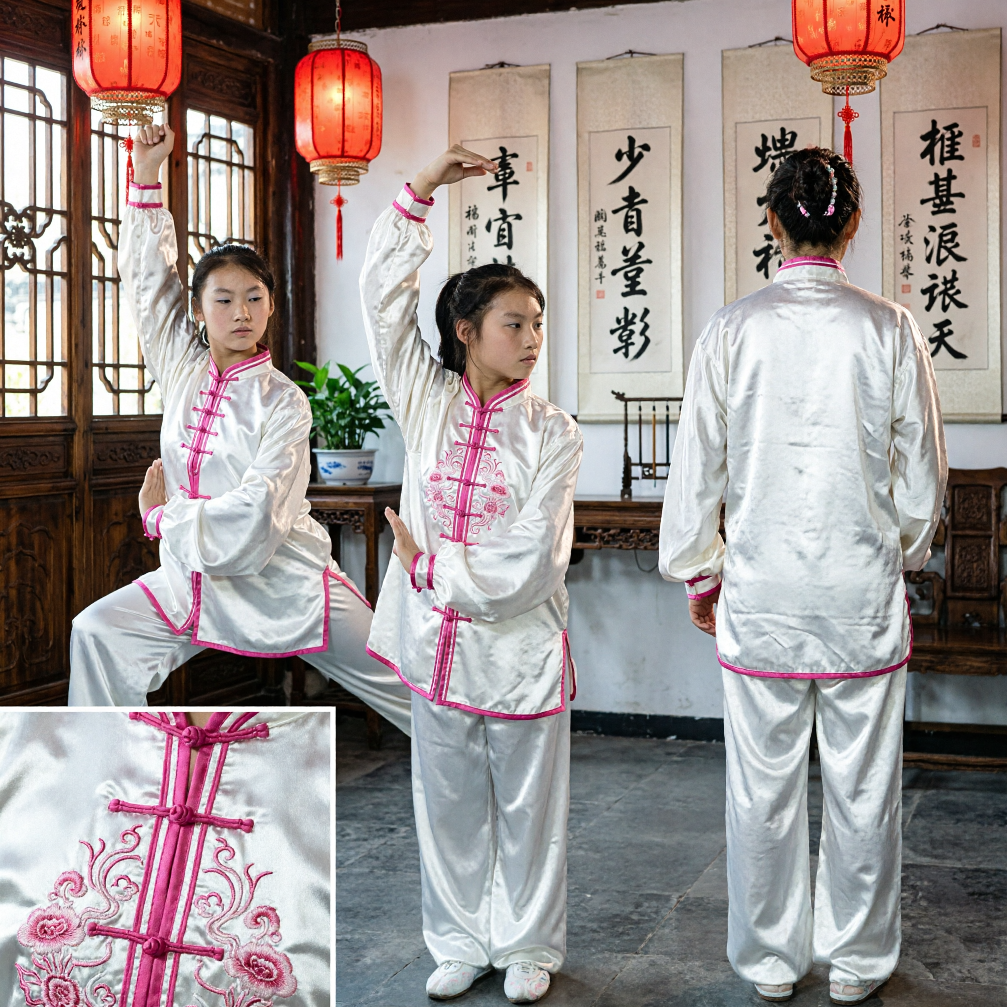 Women's White Silk Tai Chi Uniform Pink Trim Traditional Kung Fu Suit for Martial Arts Practice