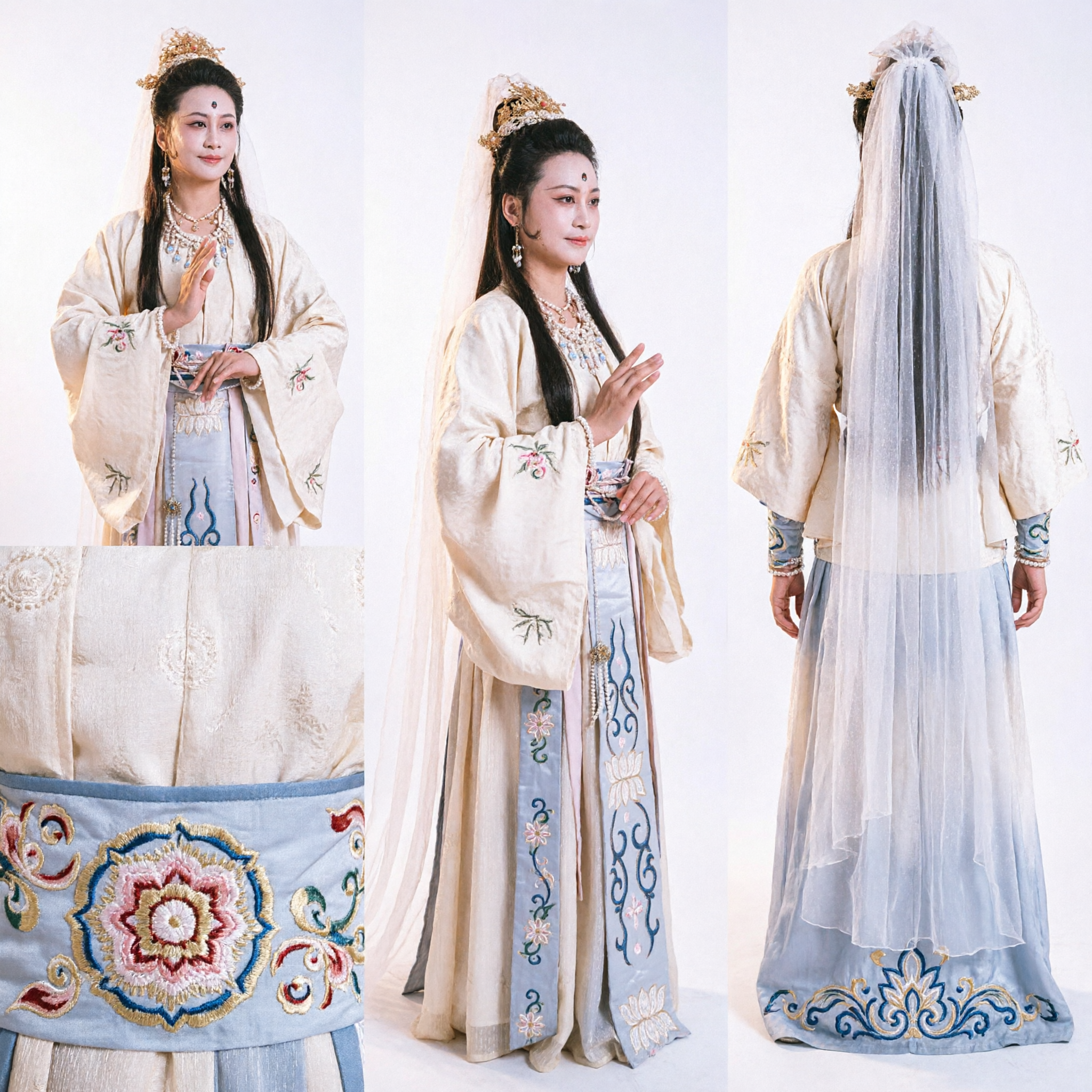 Traditional Chinese Guanyin Goddess Costume White Embroidered Hanfu for Stage Performance and Cosplay