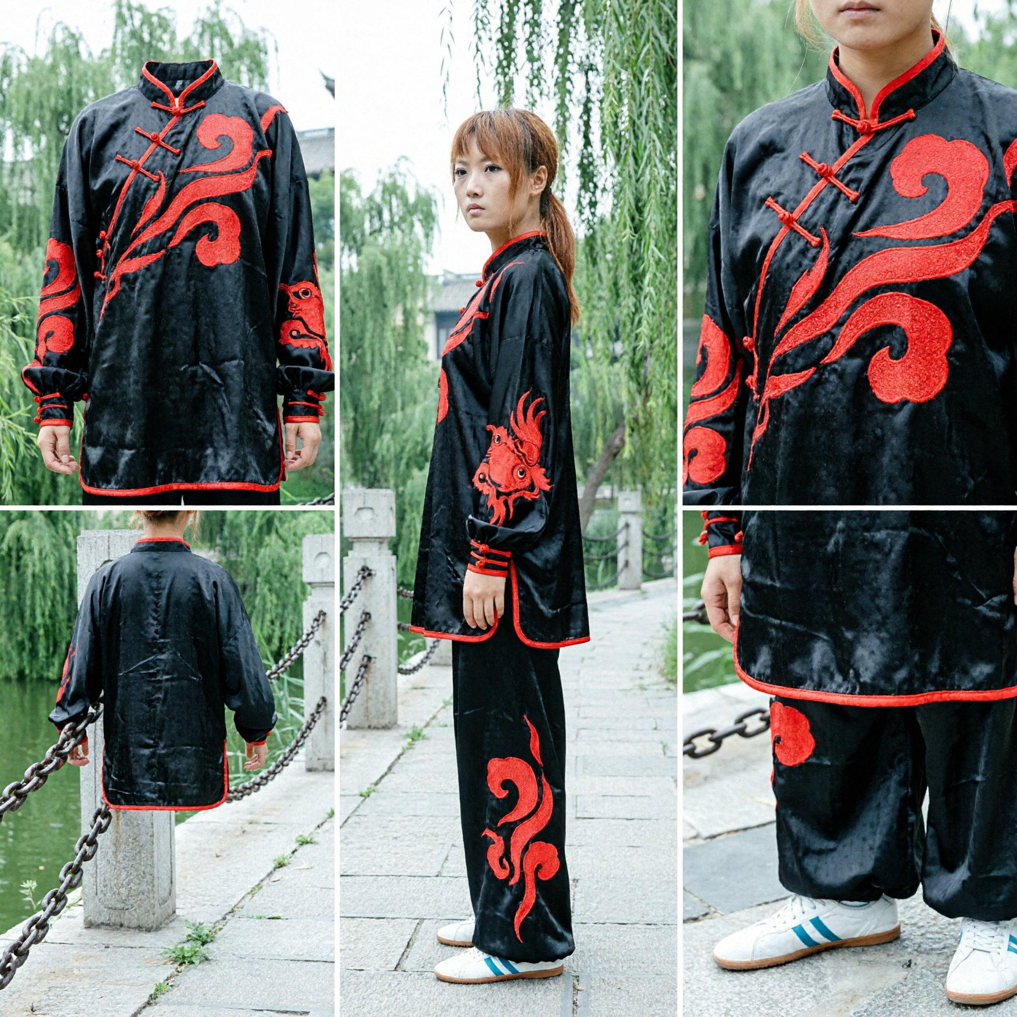 Women's Black and Red Flame Kung Fu Uniform Traditional Tai Chi Martial Arts Wushu Clothing Set