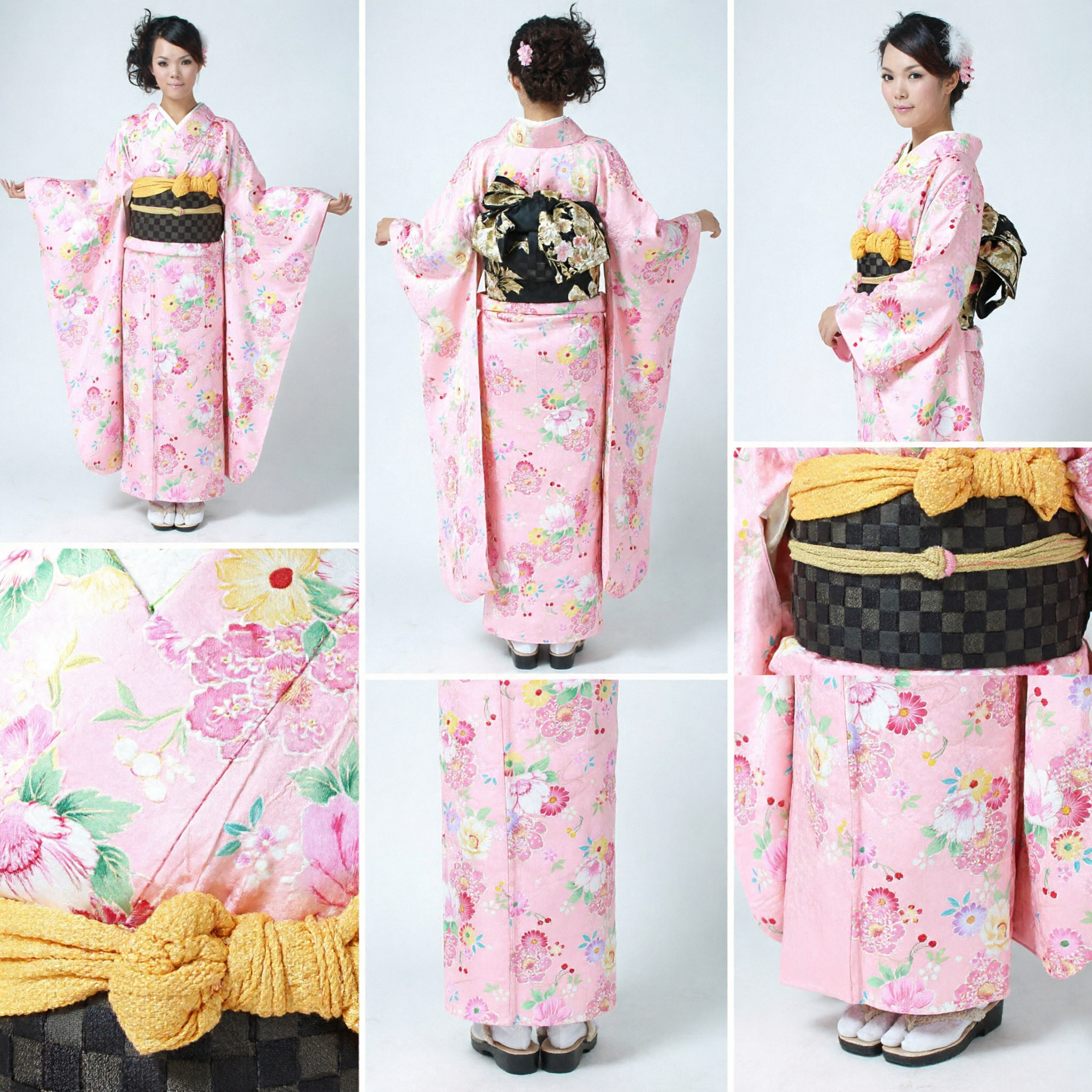 Women's Pink Floral Japanese Kimono Traditional Costume with Obi Sash for Festivals Weddings and Cosplay