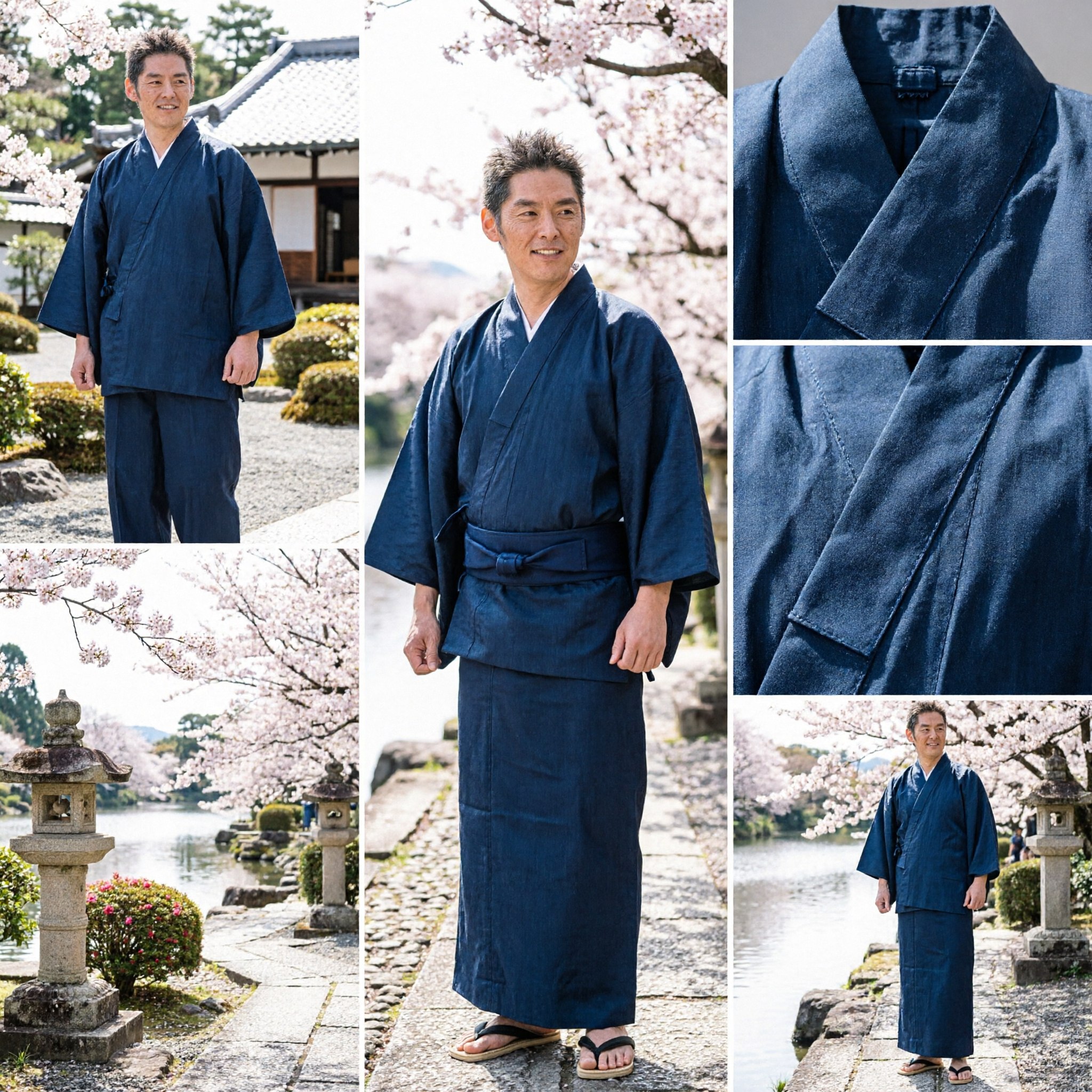 Men's Traditional Japanese Jinbei Set Dark Blue Cotton Summer Loungewear Zen Meditation Clothing